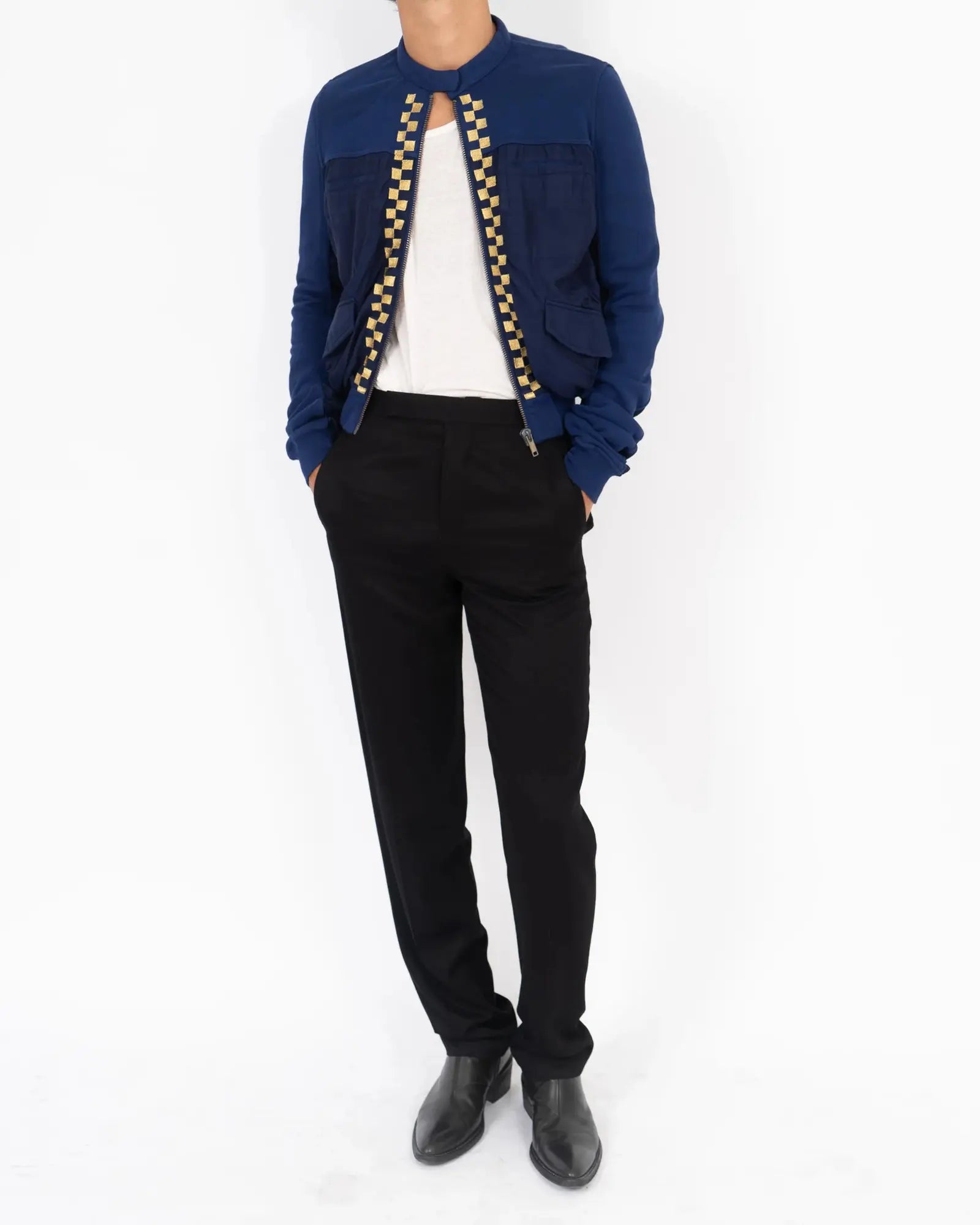 FW19 Embroidered Bomber Jacket in Blue Beige Perth Cotton