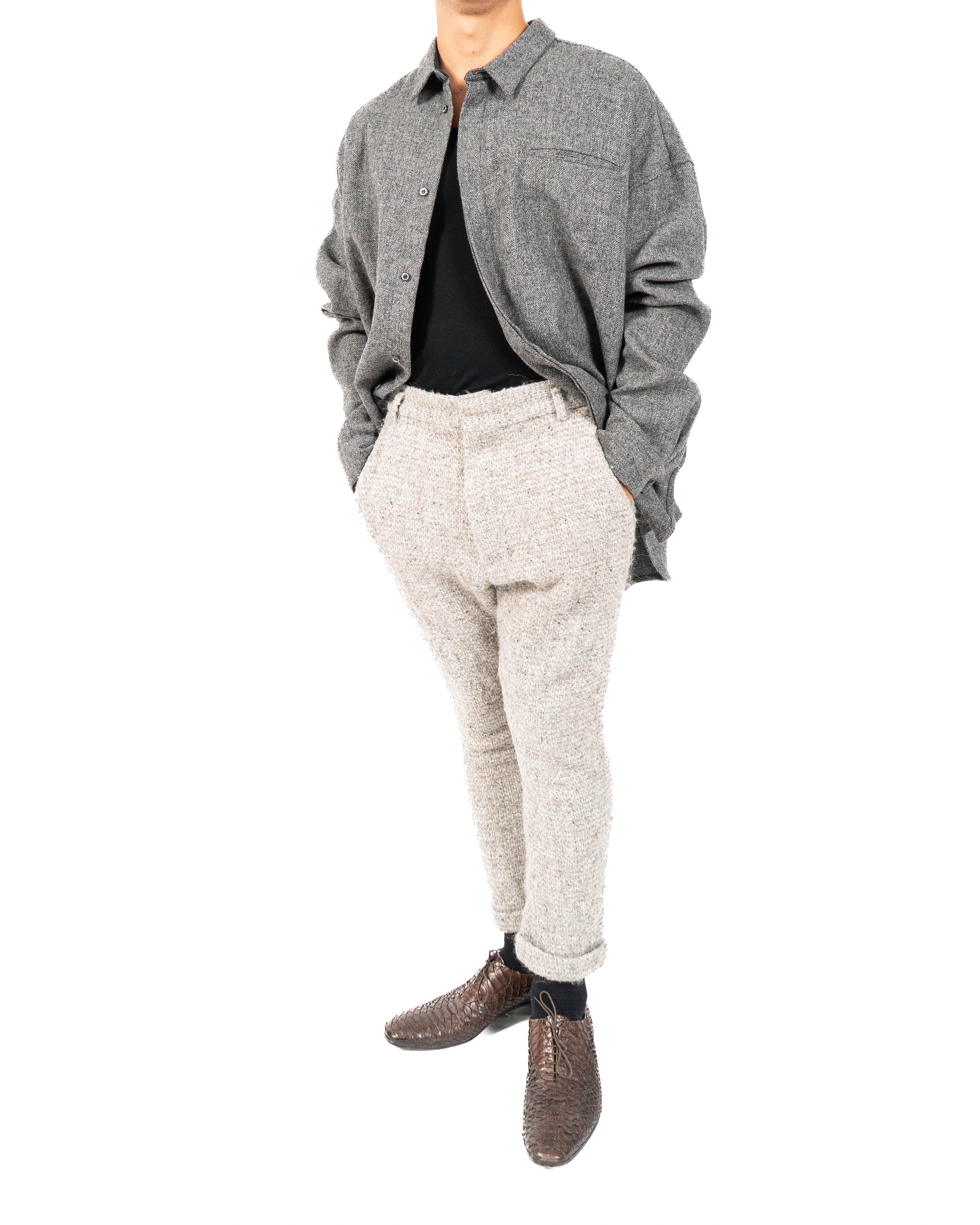 FW14 Oversized Mandarin Shirt in Grey Chevron Wool