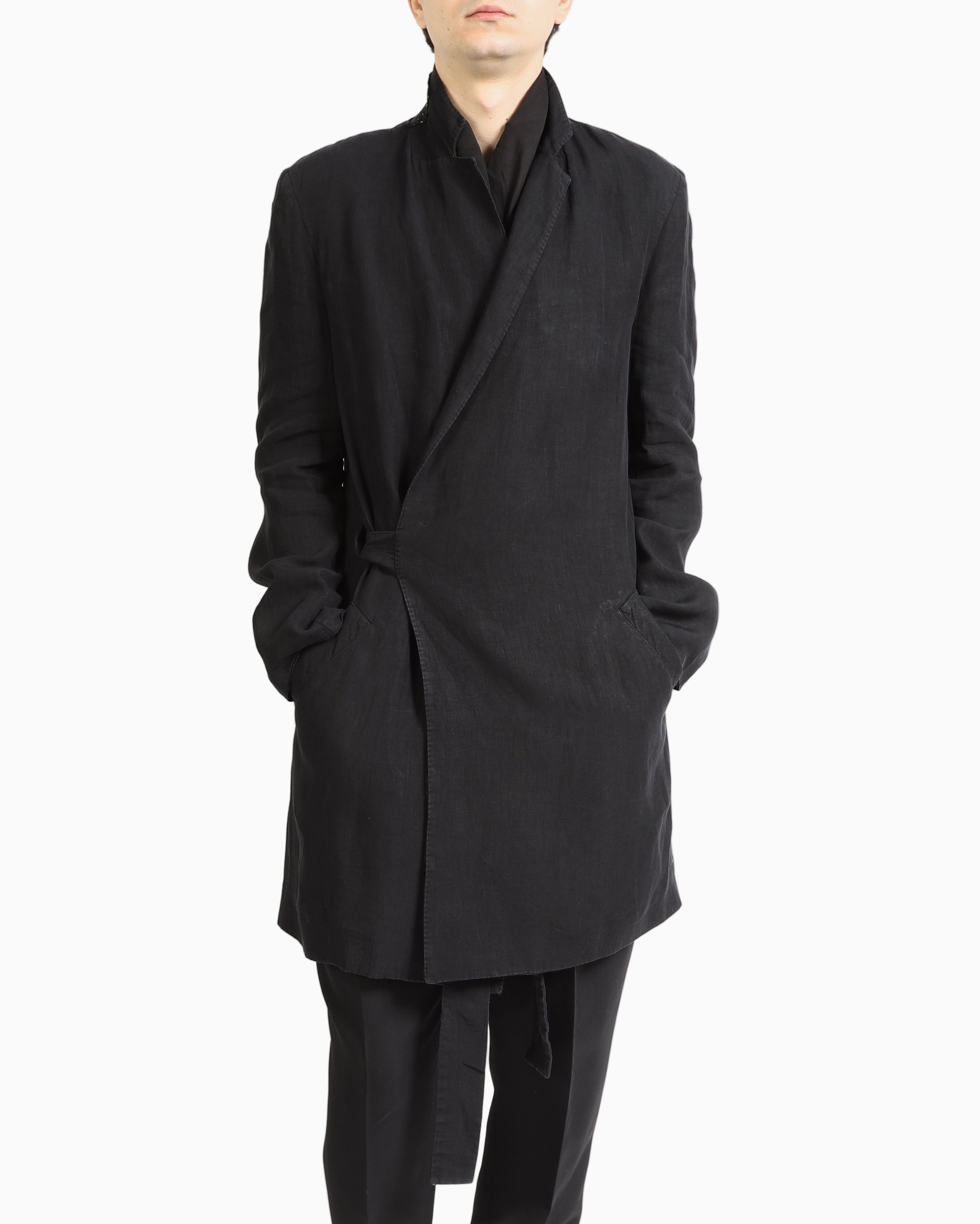 SS16 Kimono Coat in Black Coated Linen