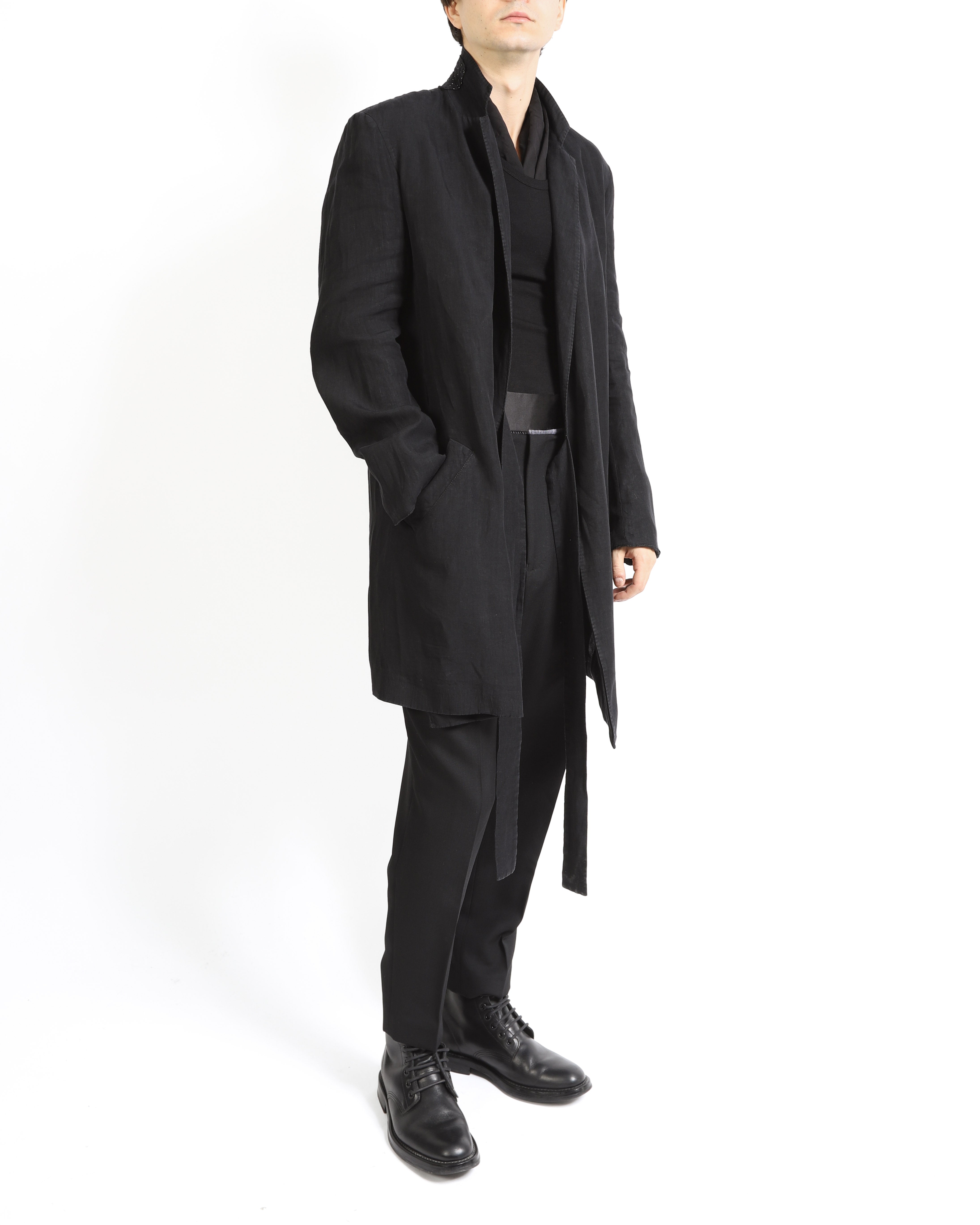 SS16 Kimono Coat in Black Coated Linen