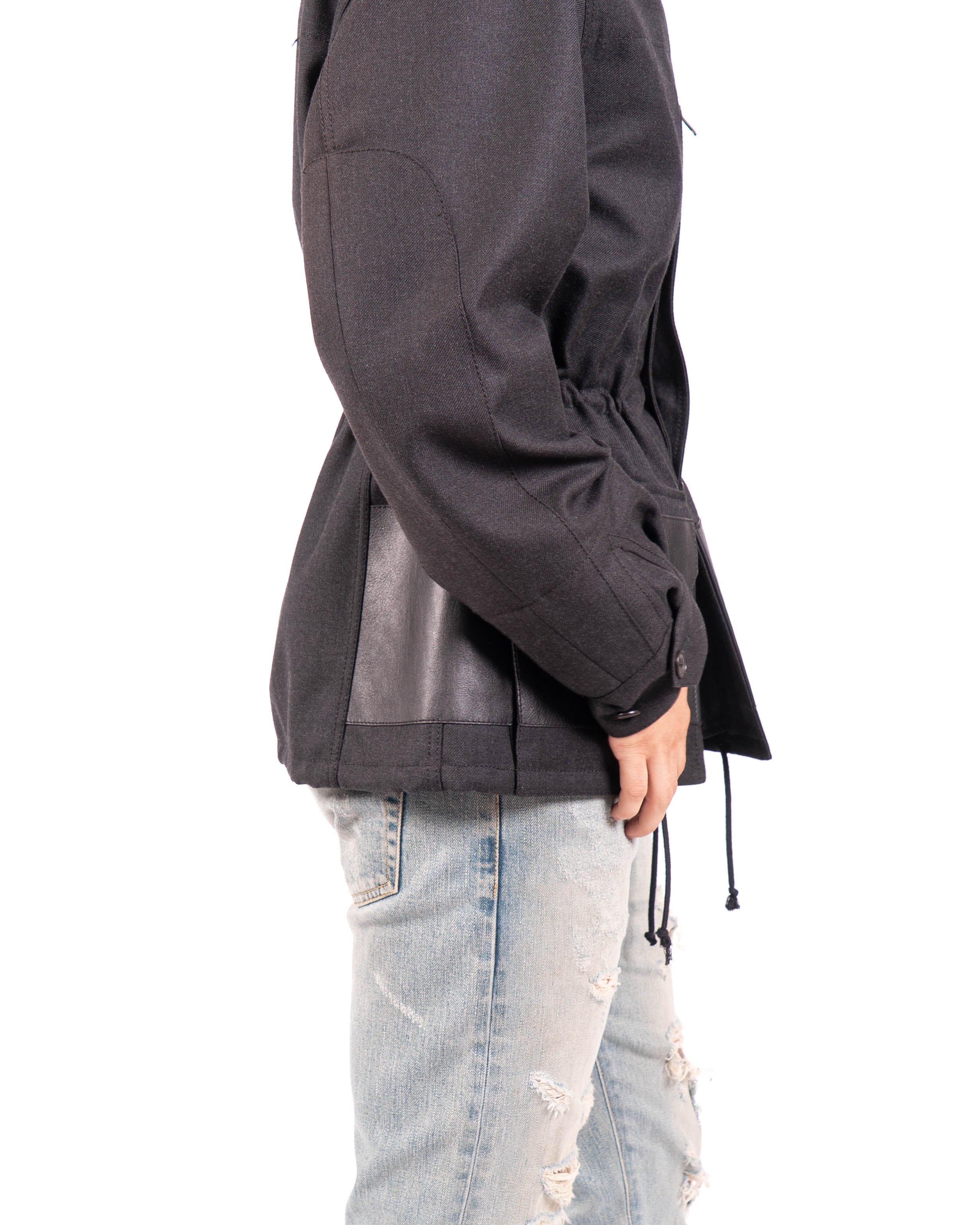FW18 Oversized Military Jacket with Leather Insert in Black Cotton