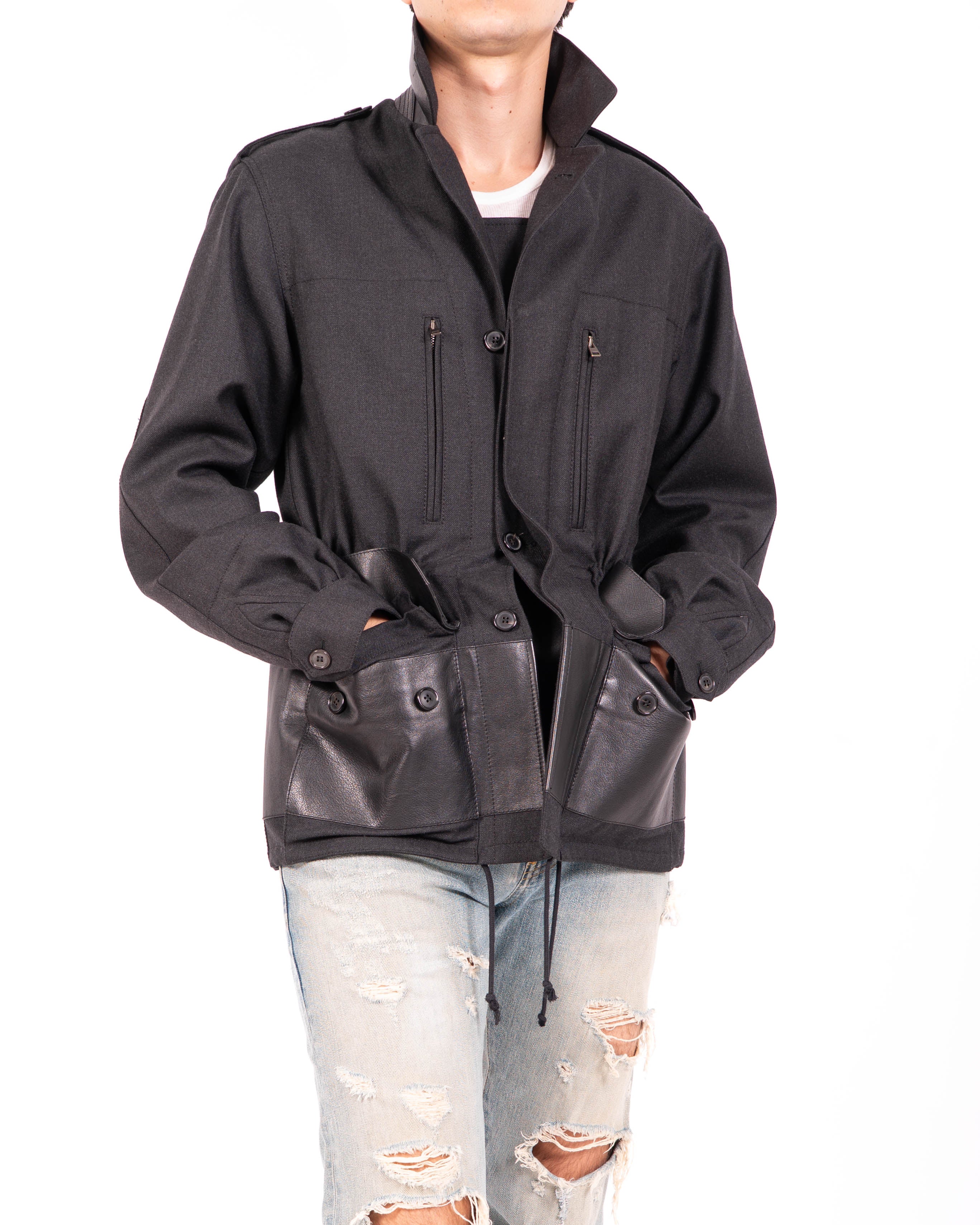 FW18 Oversized Military Jacket with Leather Insert in Black Cotton