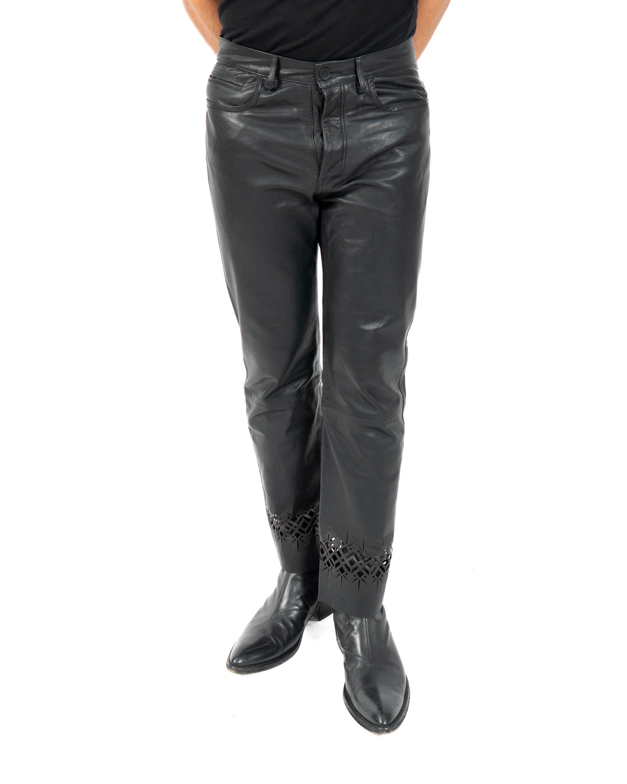 SS19 Flared Lasercut Trousers in Black Leather