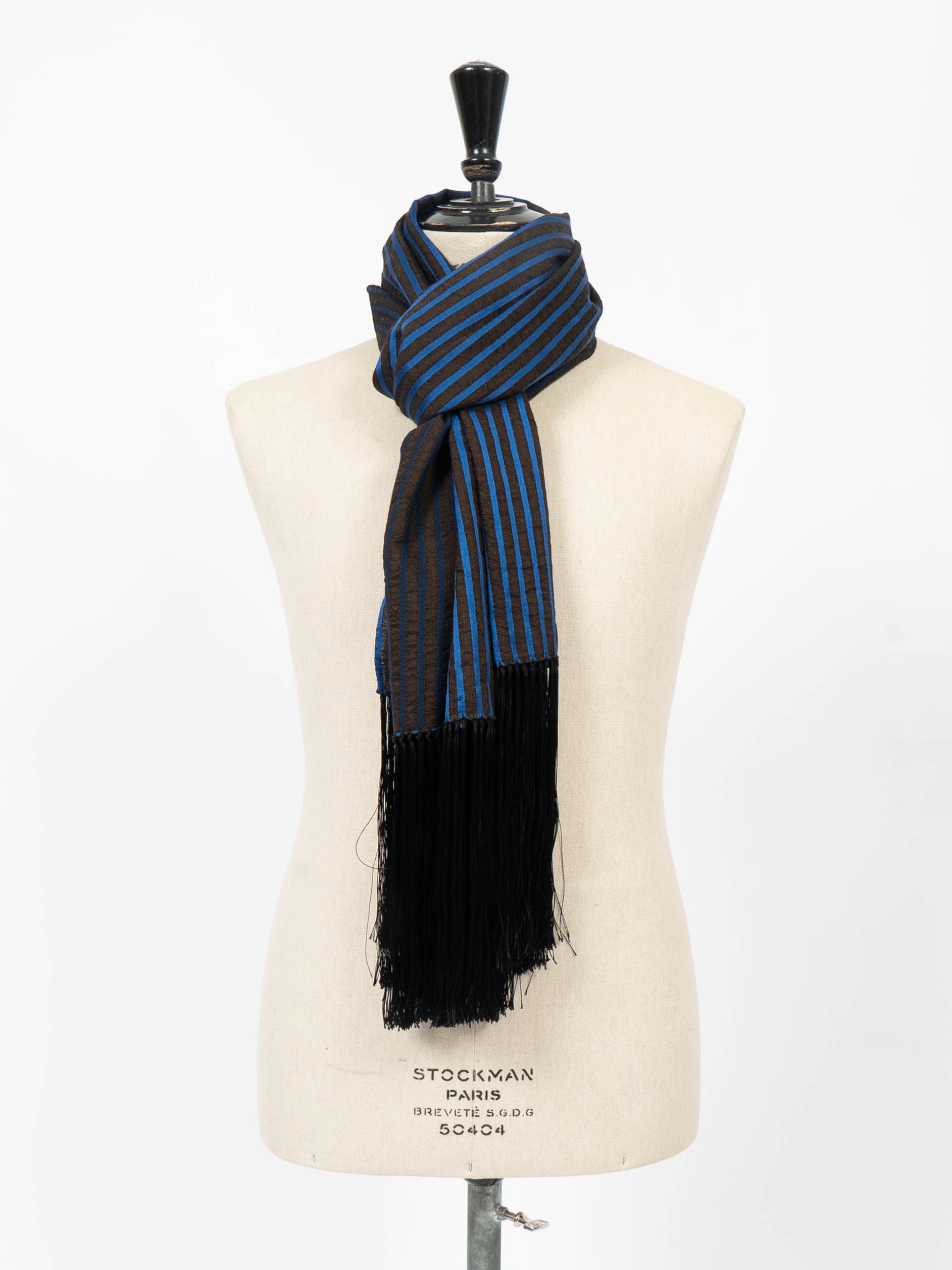 SS14 Blue Striped Fringed Wool Scarf