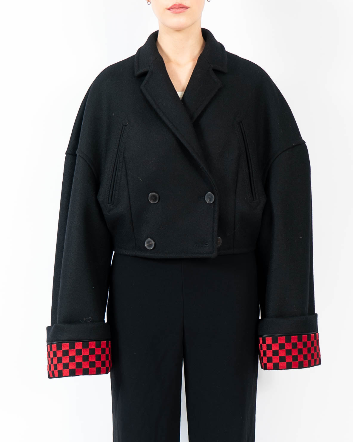 FW19 Cropped Overcoat in Black Wool with Checked Embroidery