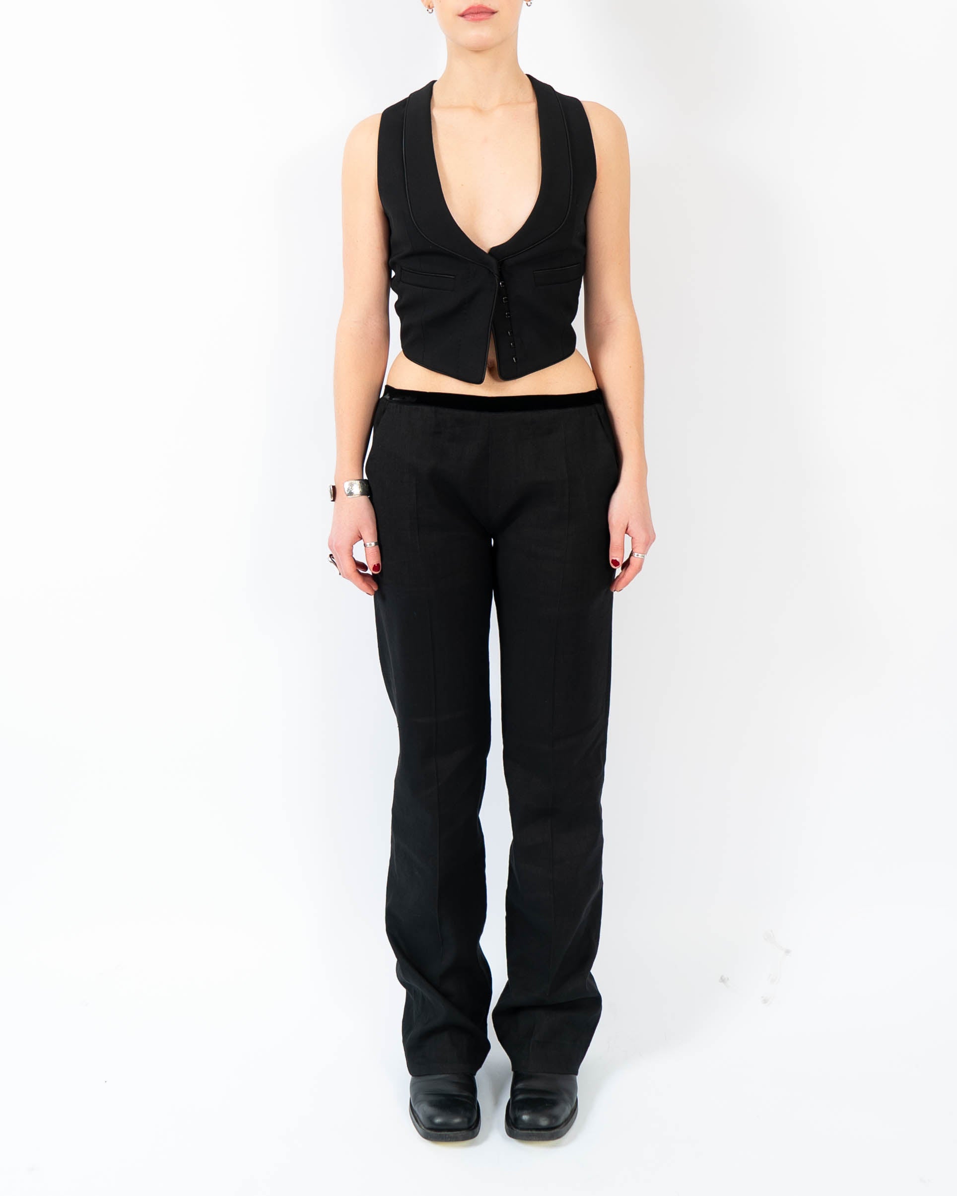 SS16 Slouchy Trousers in Black Wool with Velvet Waistband