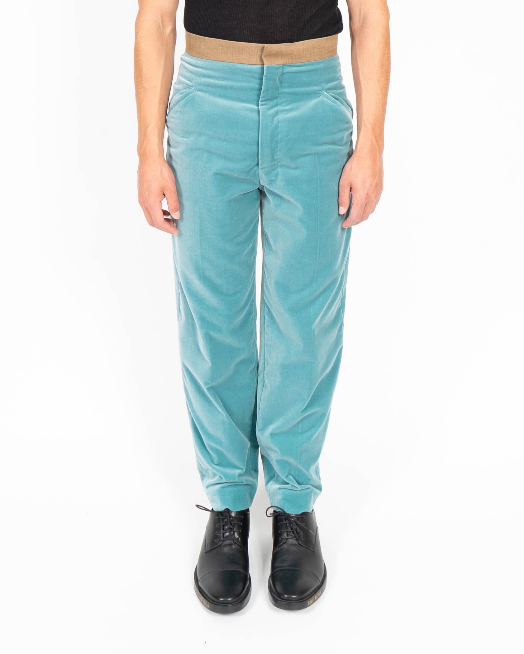 FW20 Contrasting Waistband Trousers in Turquoise Velvet