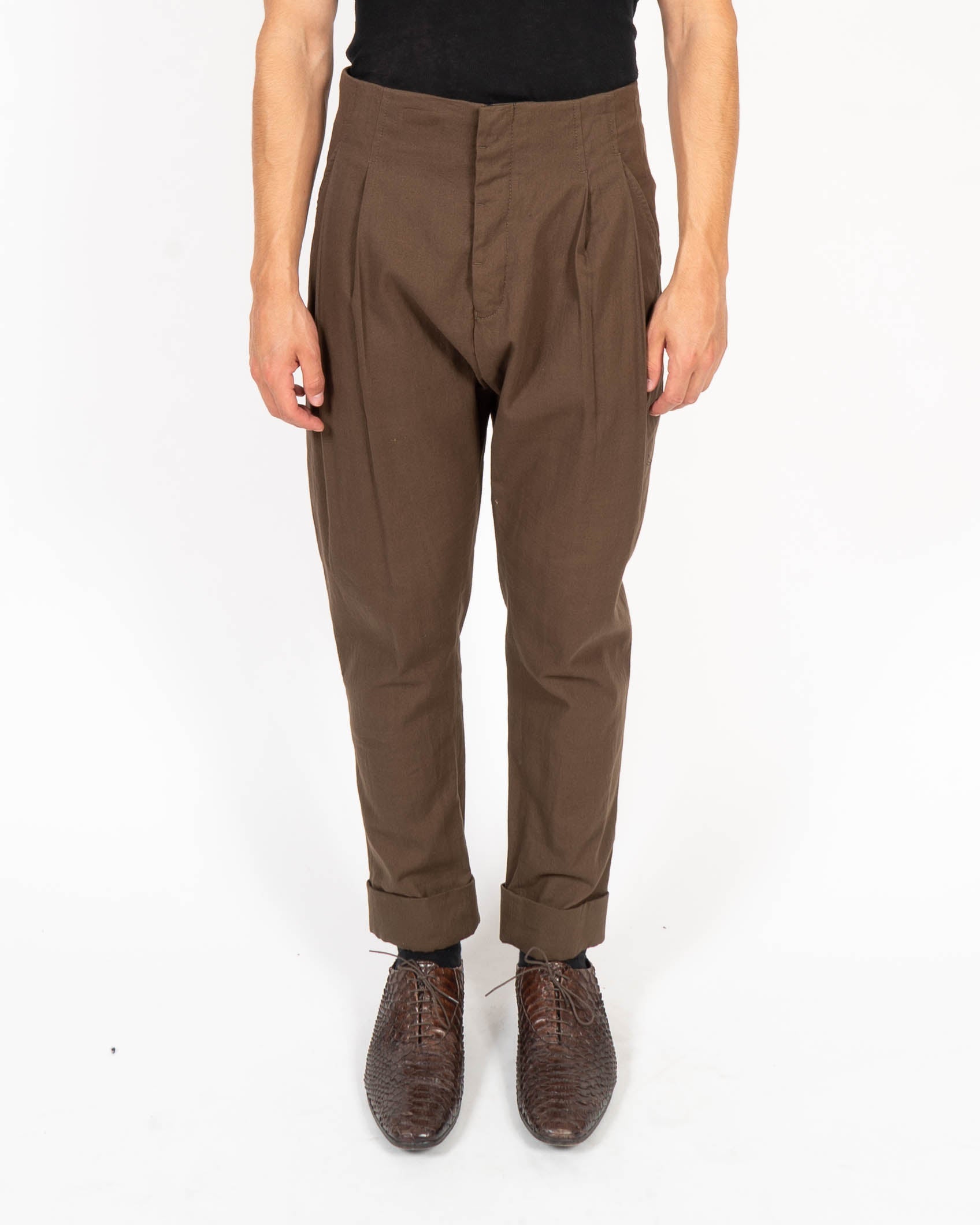 SS18 Pleated Tapered Trousers in Brown Cotton