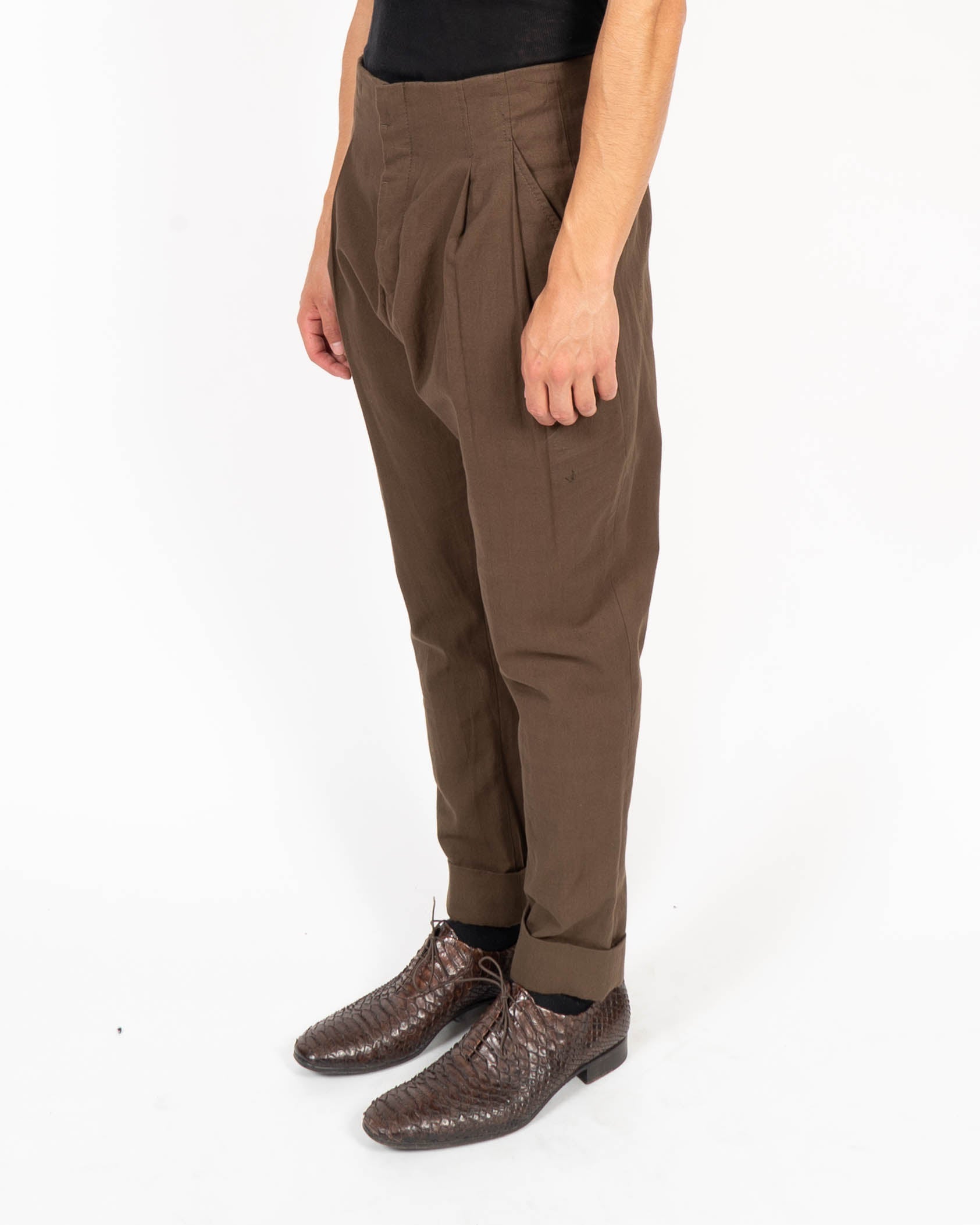 SS18 Pleated Tapered Trousers in Brown Cotton