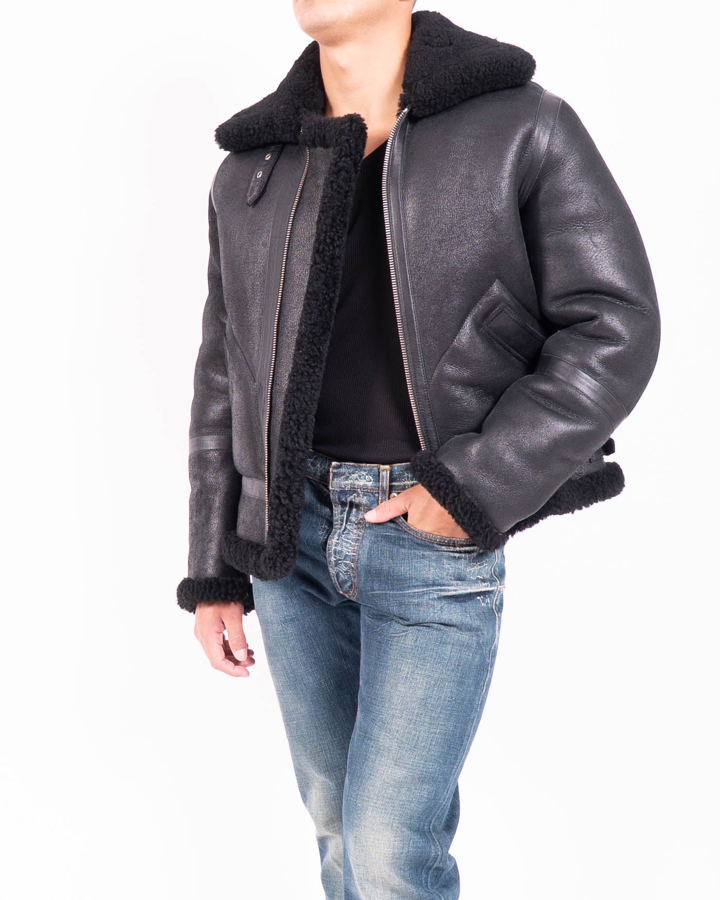 Ian Aviator Jacket in Black Shearling Leather