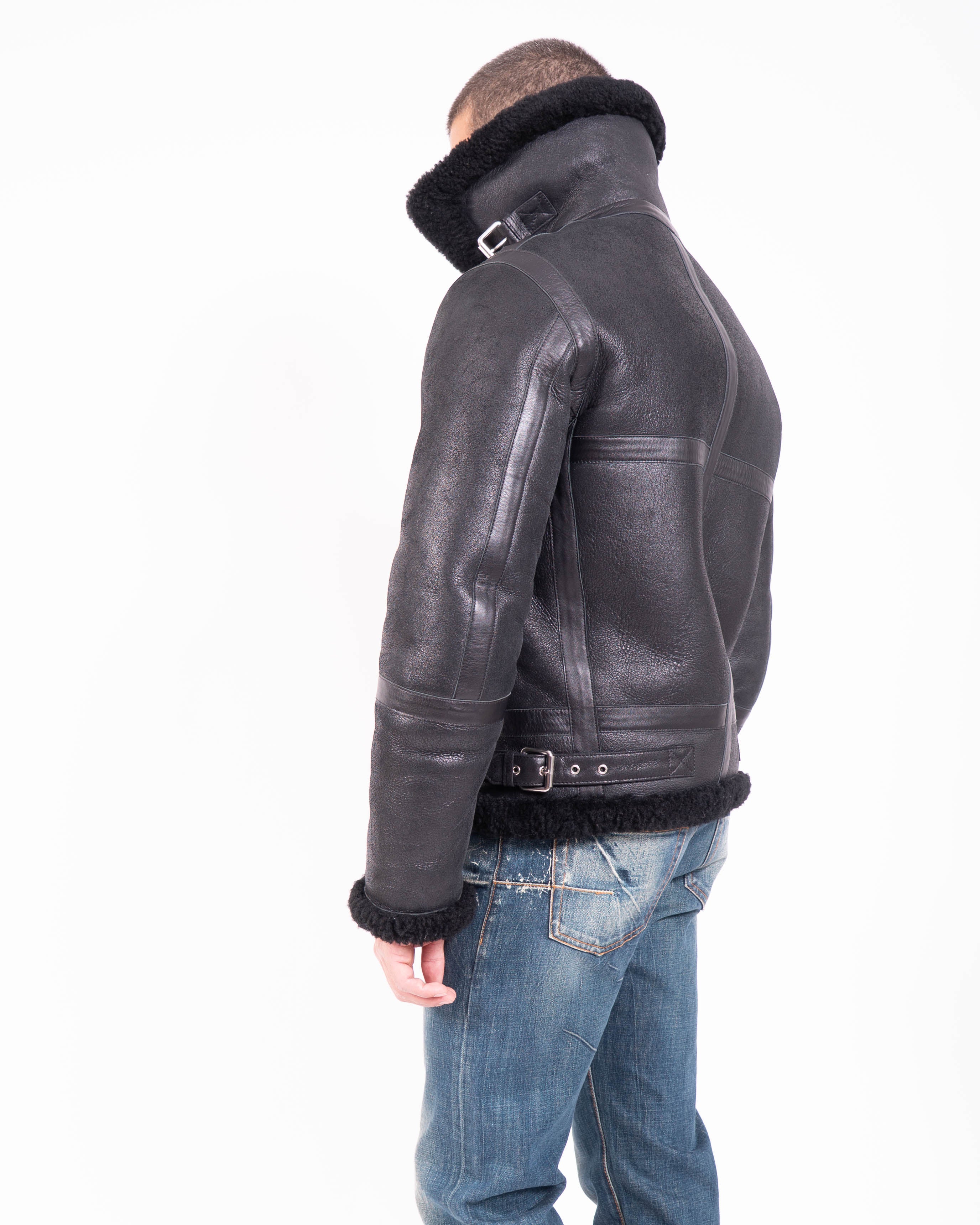 Ian Aviator Jacket in Black Shearling Leather
