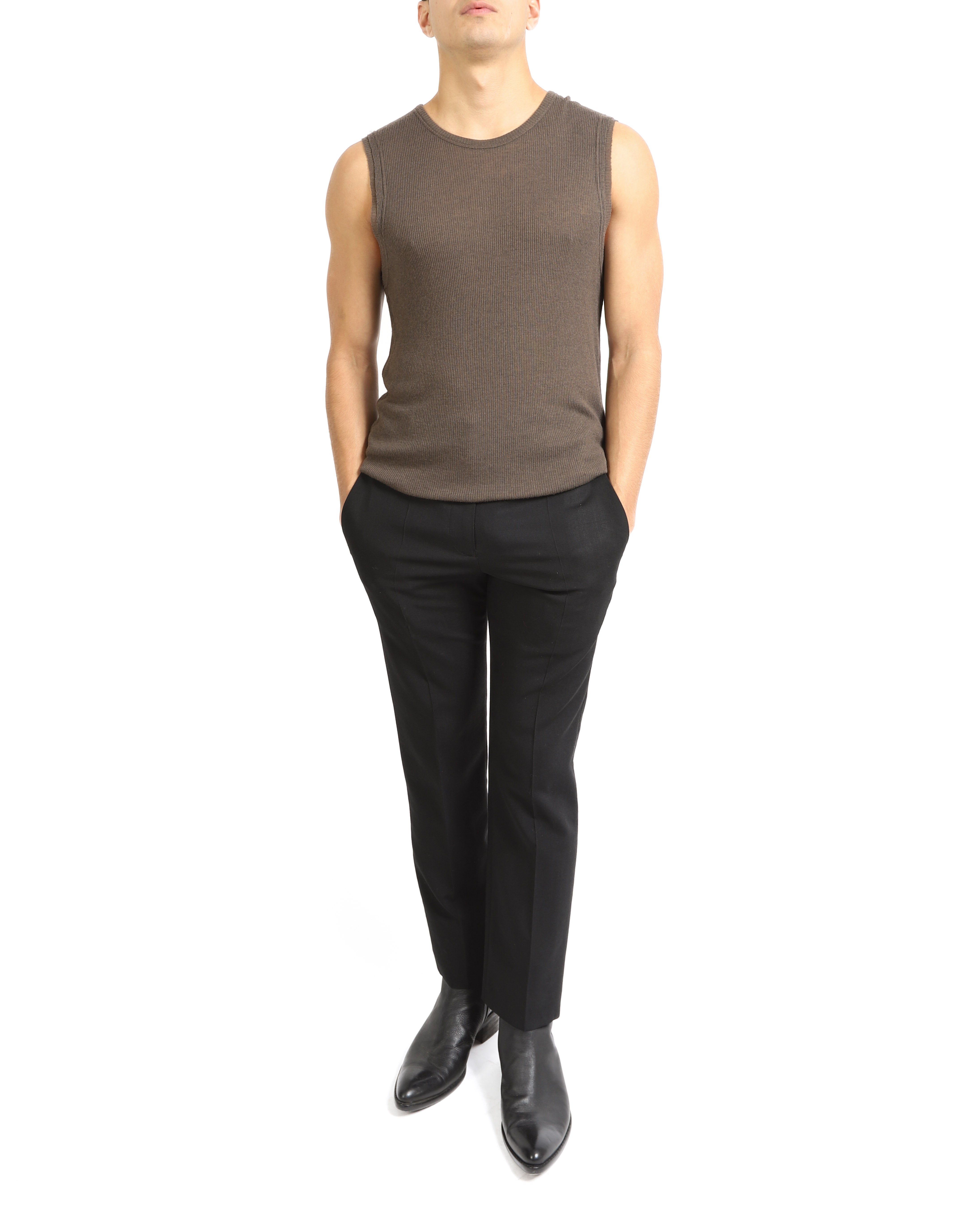 FW15 Distressed Ribbed Tank Top in Brown Cotton