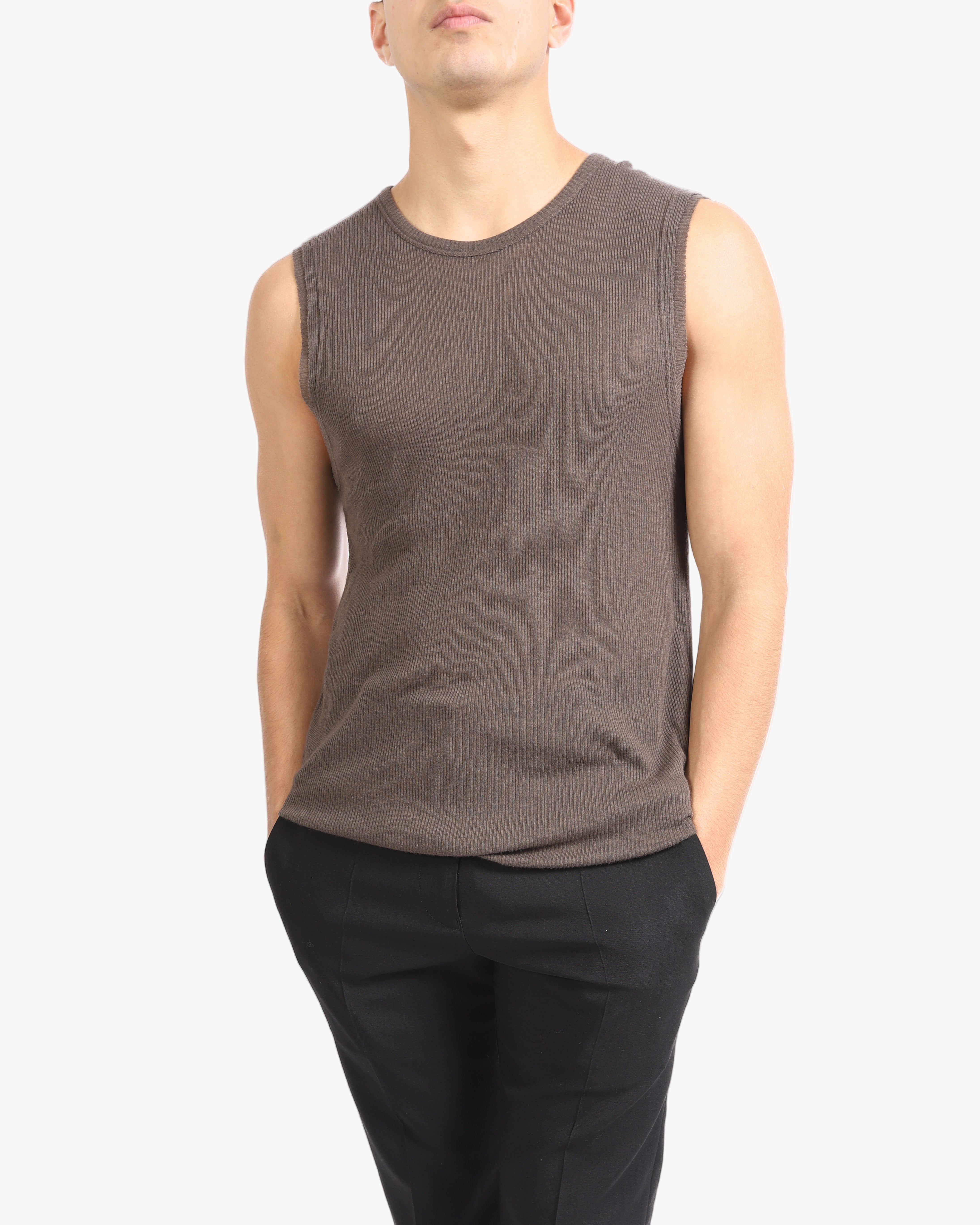 FW15 Distressed Ribbed Tank Top in Brown Cotton