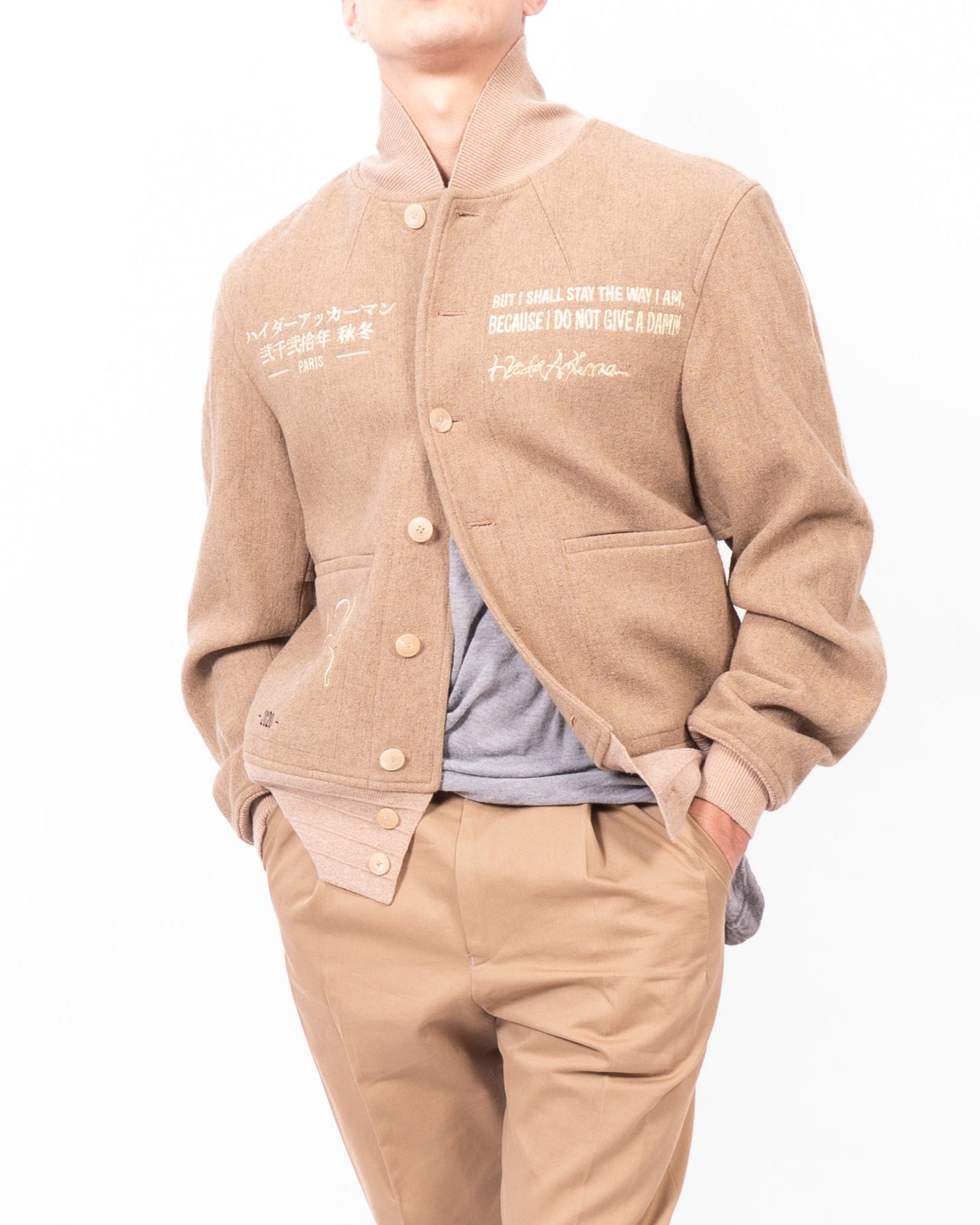 FW20 Embroidered Aviator Jacket in Camel Wool