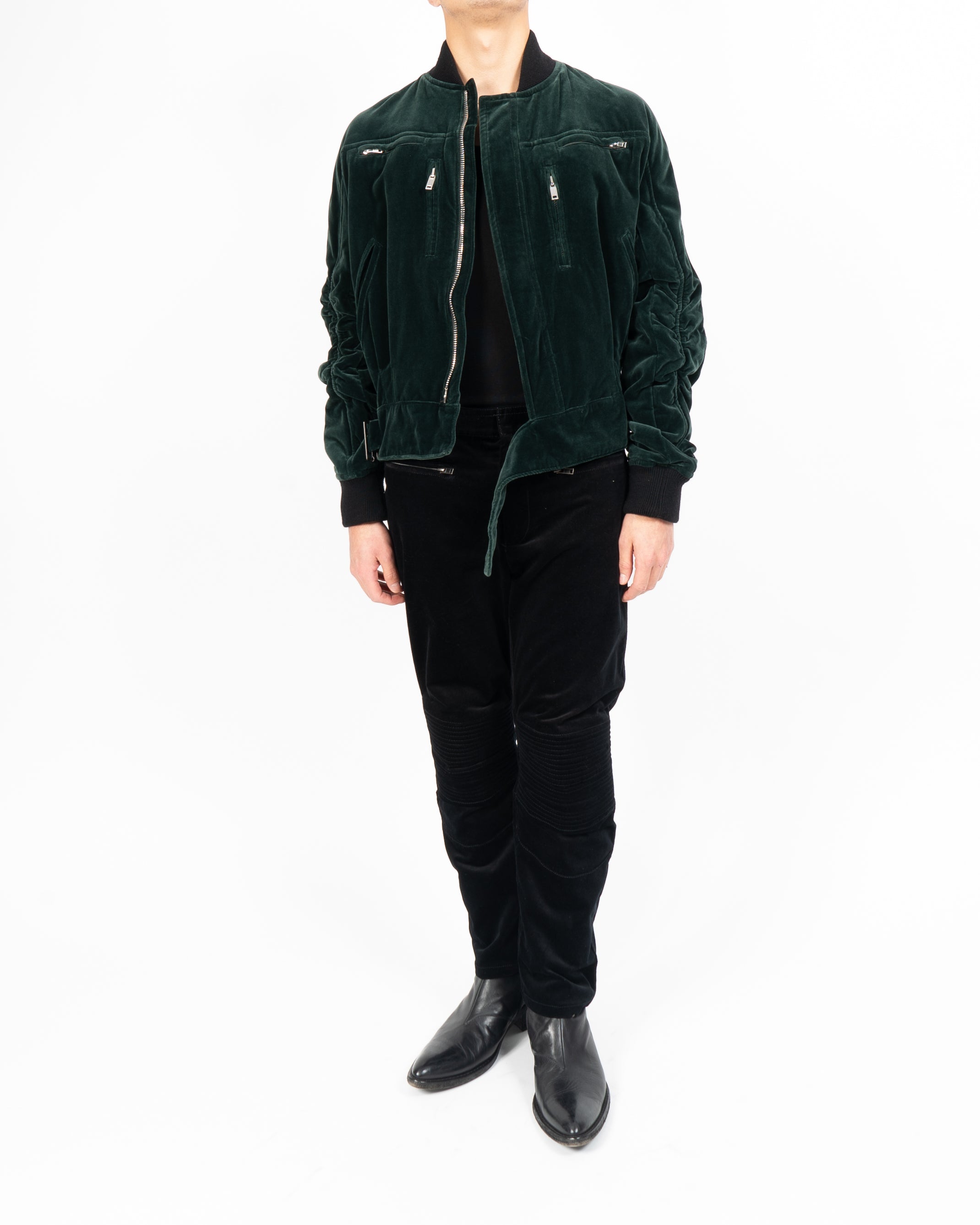 Oversized Biker Bomber in Green Velvet