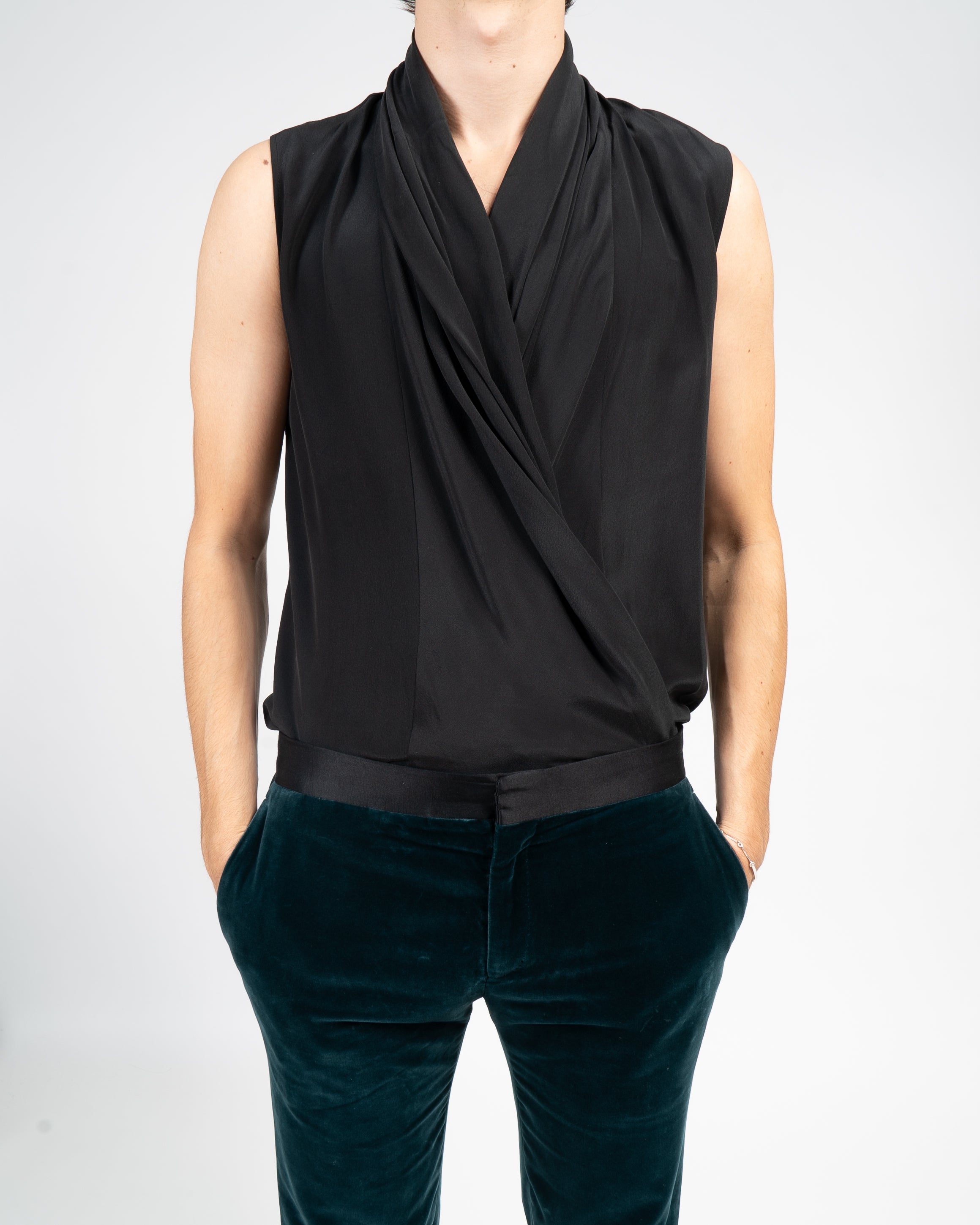 SS12 Sleevless Drape Shirt in Black Silk