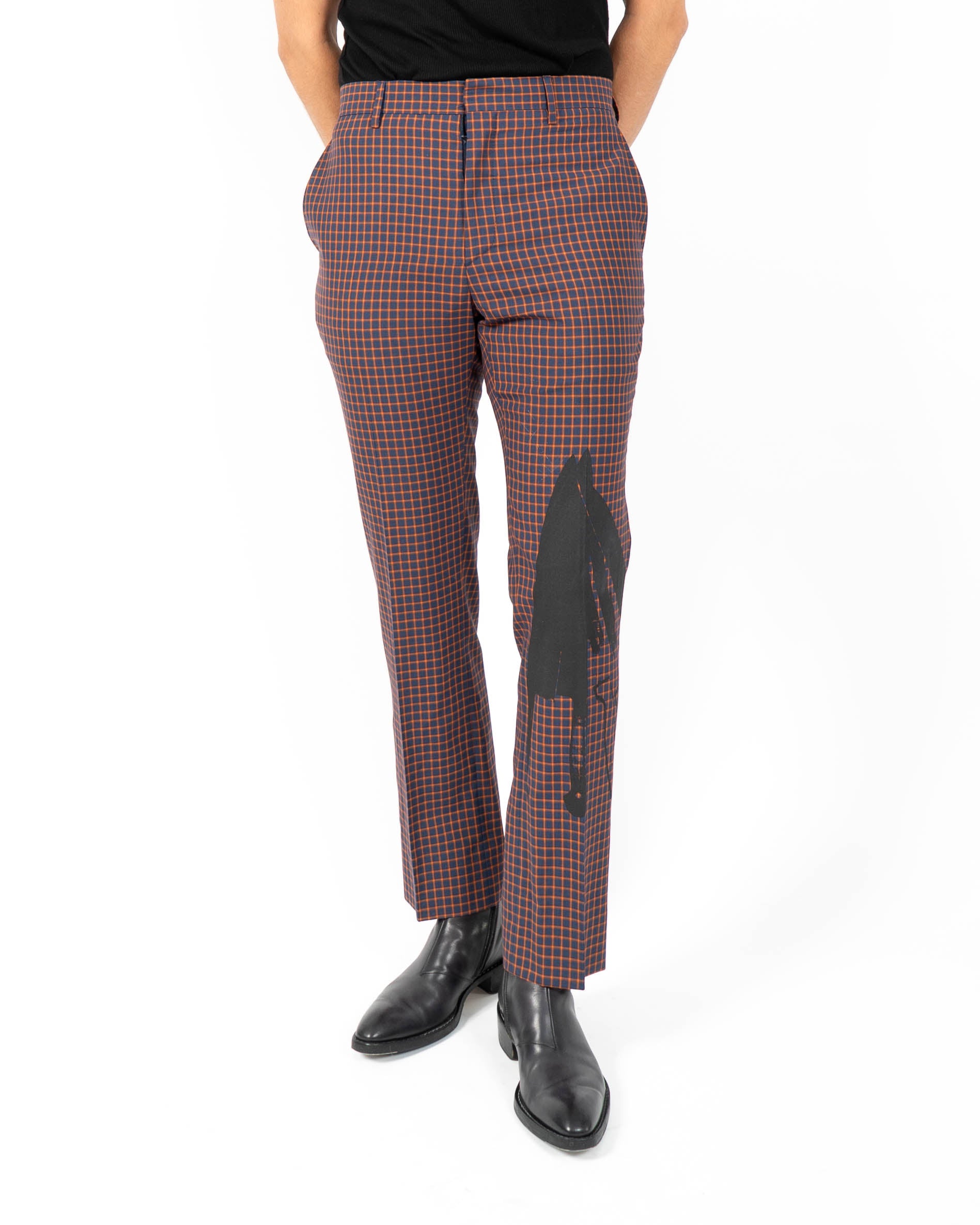 SS18 Knife Printed Trousers in Orange Checked Wool