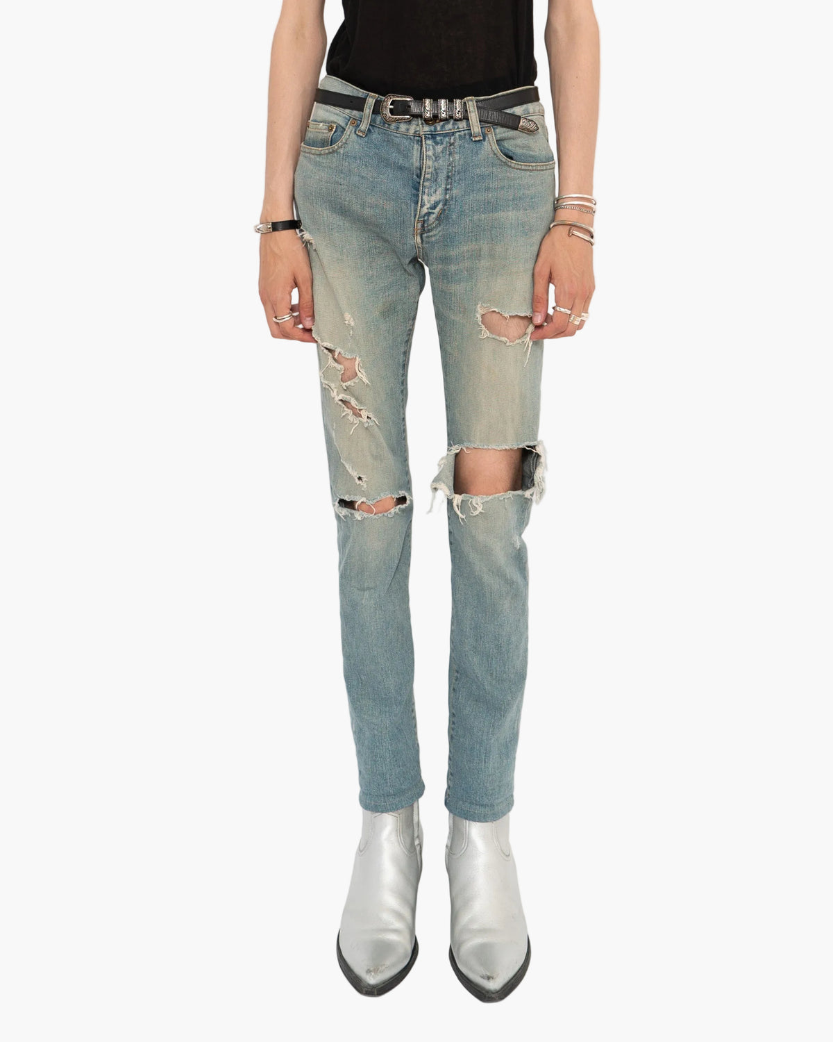 Saint Laurent Paris Single Knee Cut Patch Destroyed Denim