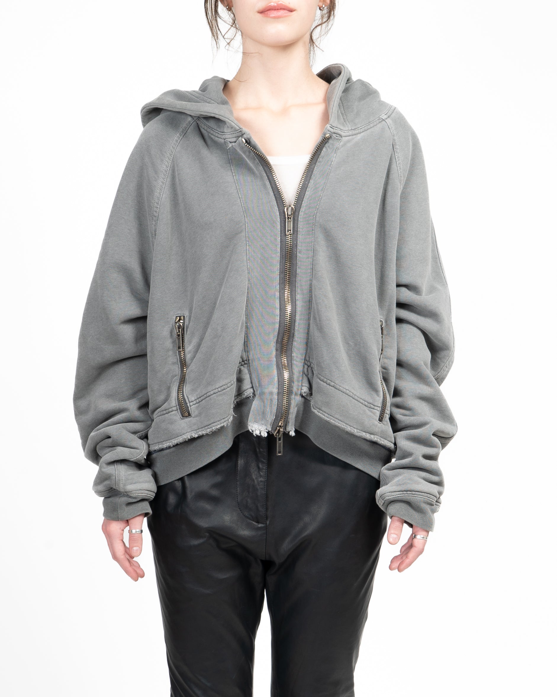 FW14 Distressed Cropped Zip-Hoodie in Washed Grey Perth Cotton