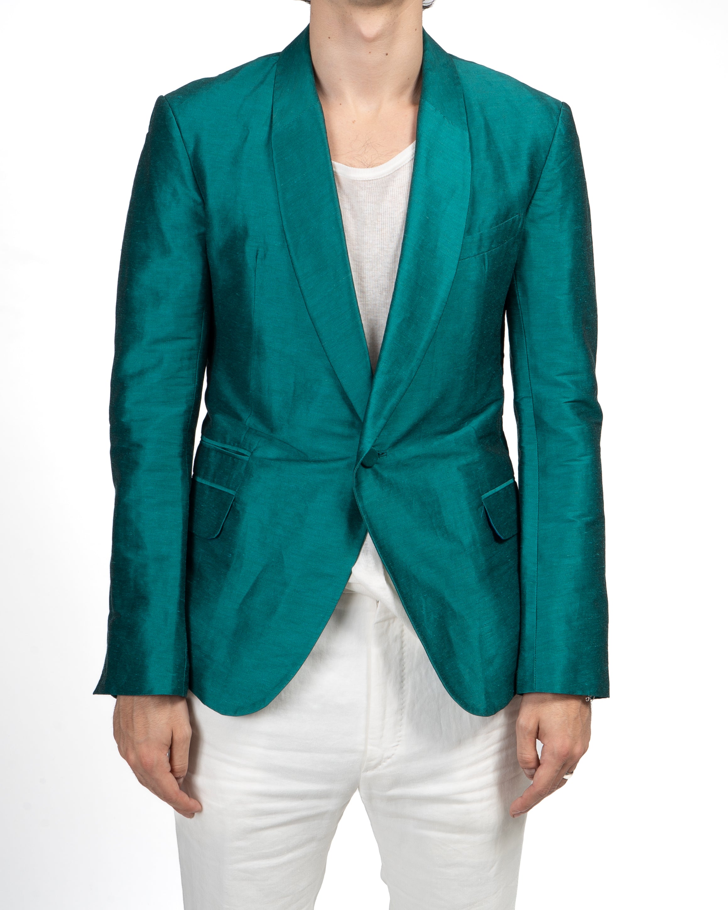 SS17 Classic Shawl Collar Blazer in Green Silk