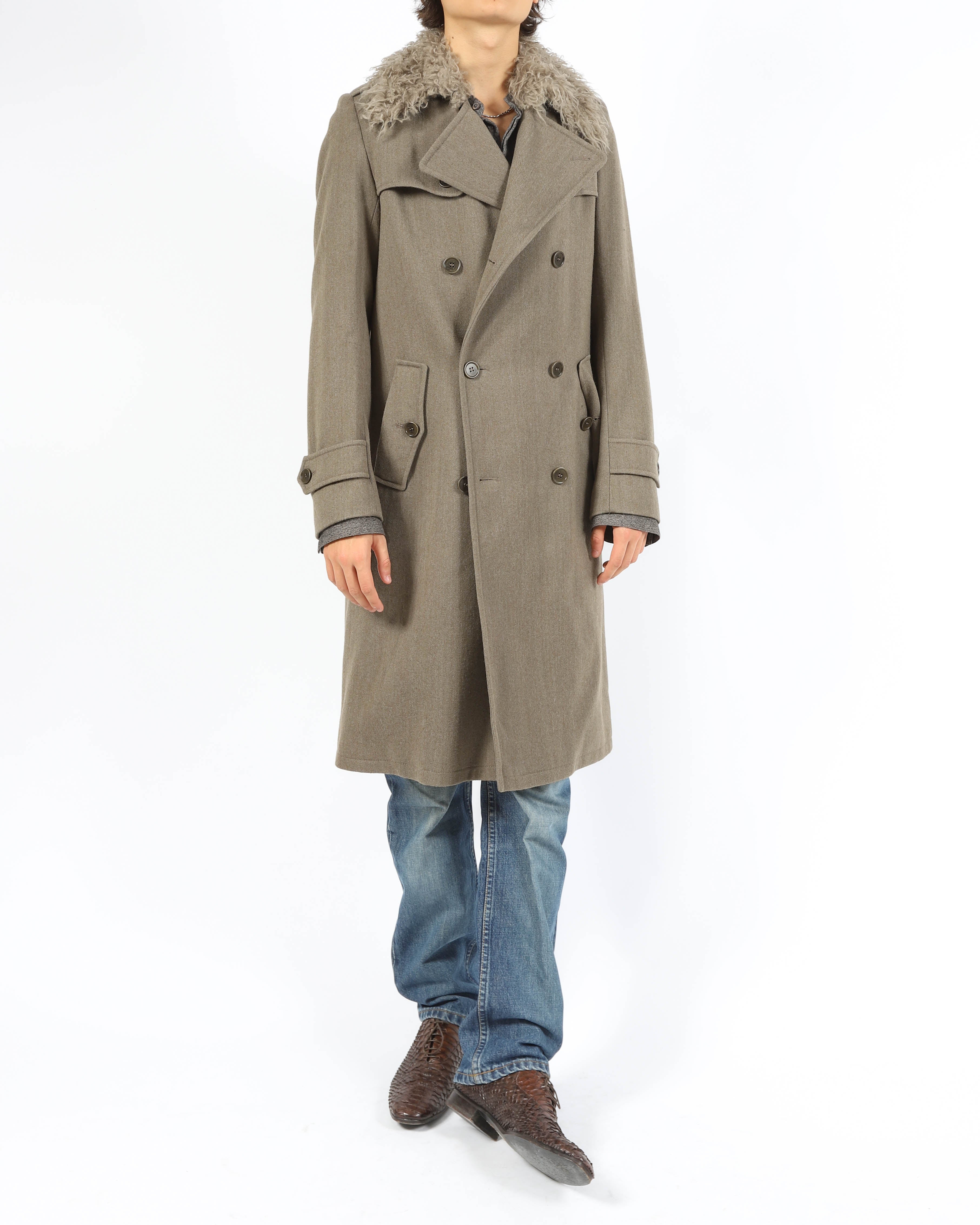 FW16 Faux Fur Collar Double Breasted Long Coat in Grey Wool