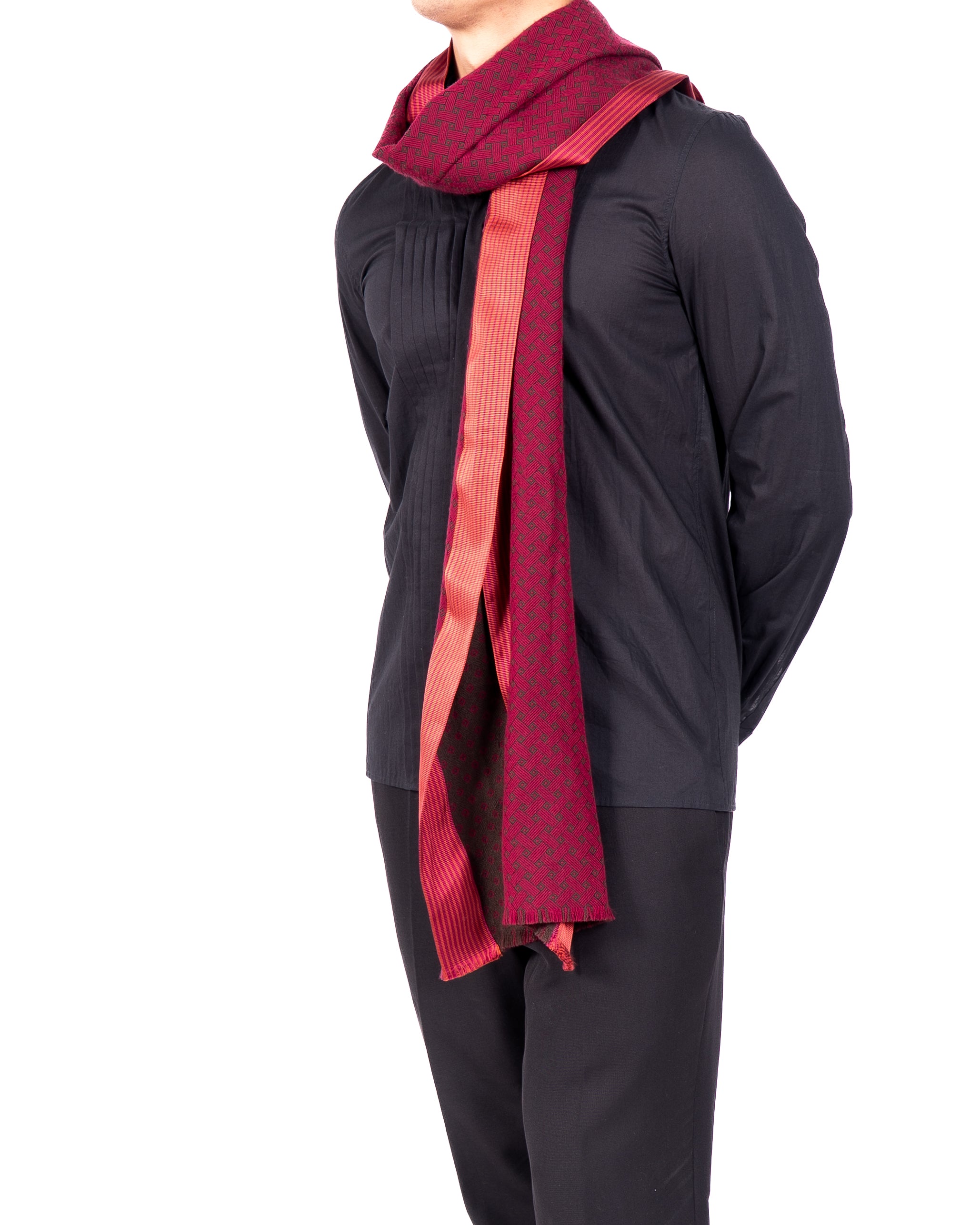 FW14 Red Embroidereed Scarf in Wool  Silk