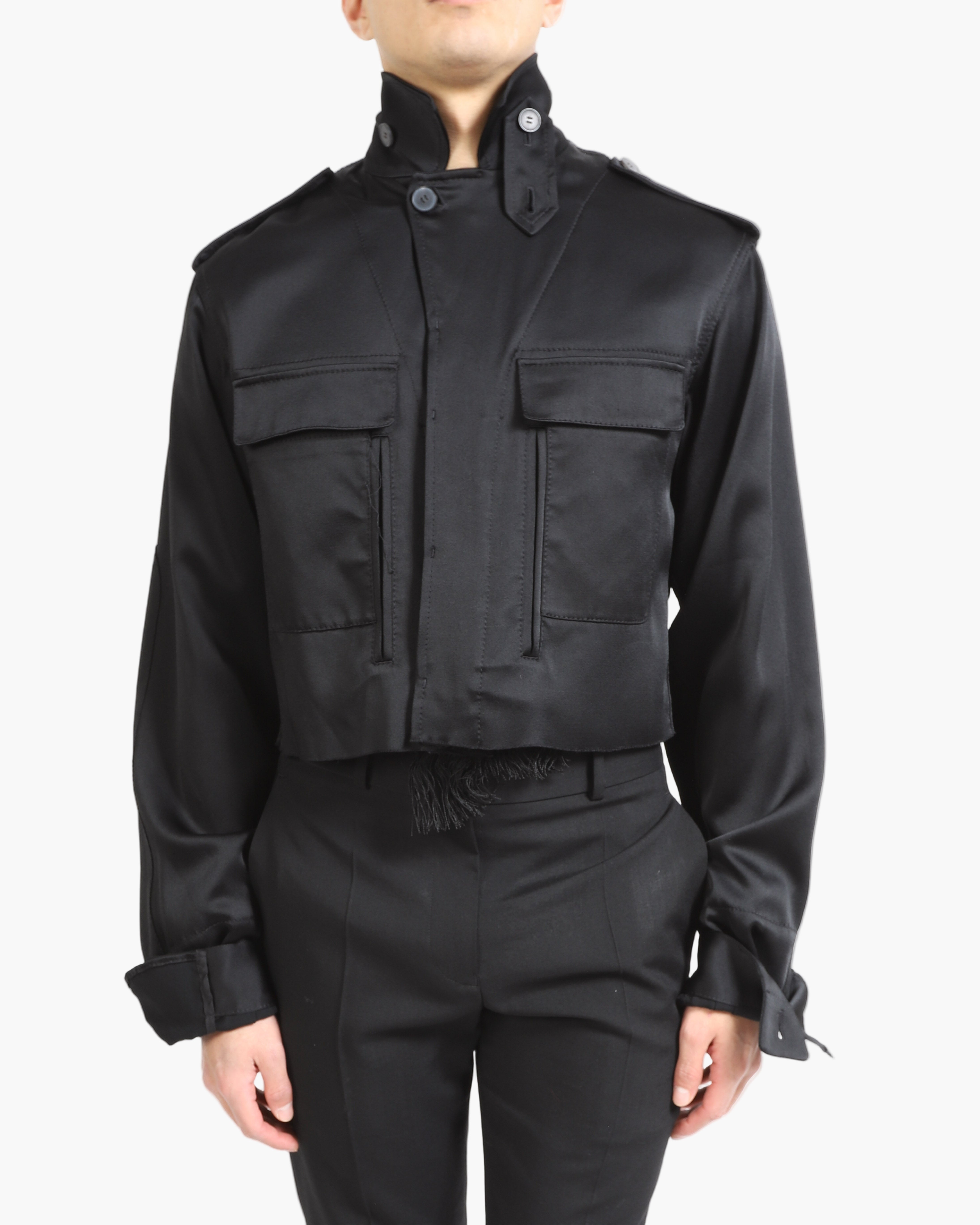 FW17 Cropped Military Jacket in Black Satin