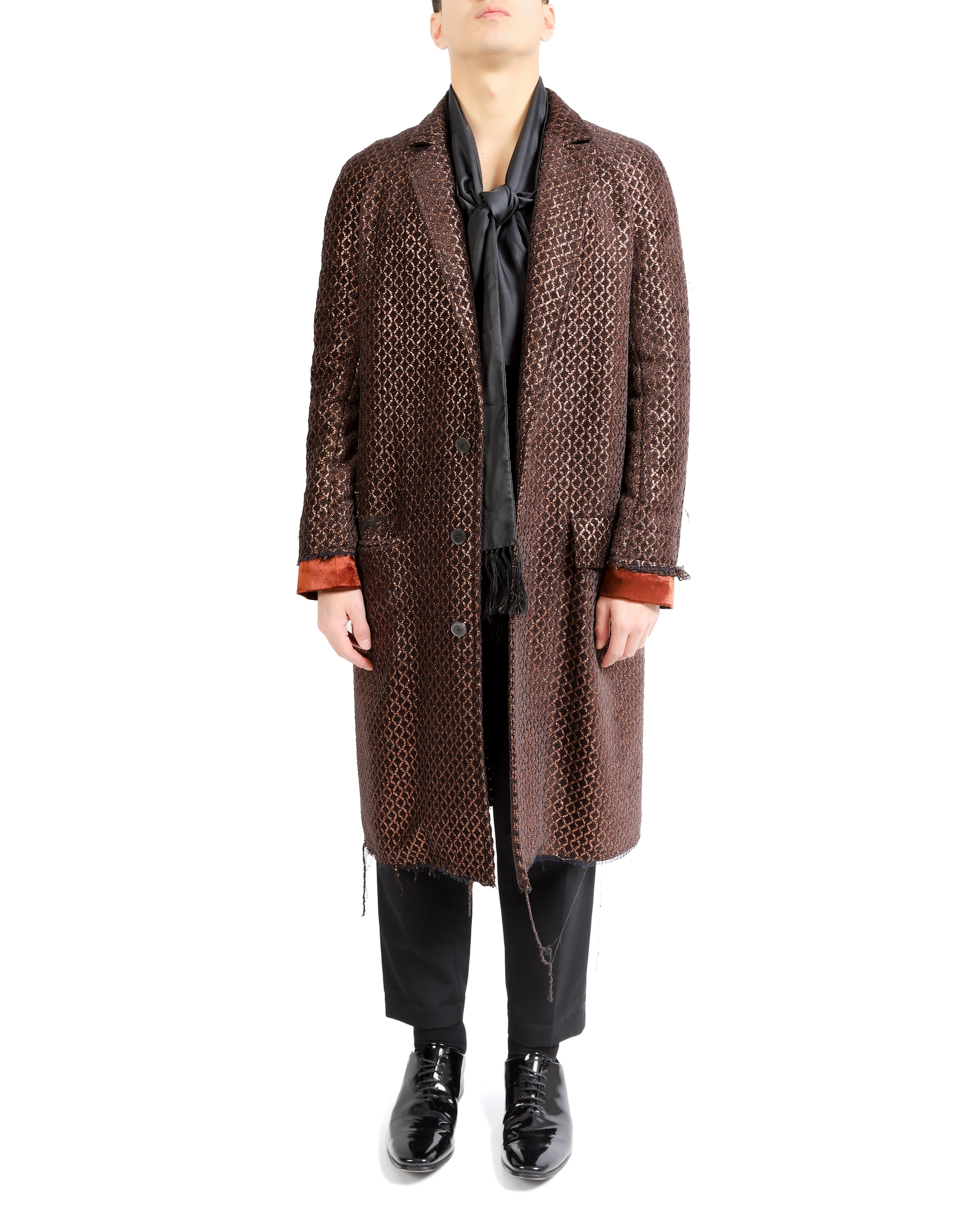 FW18 Distressed Raglan Coat in Orange/Black Jacquard