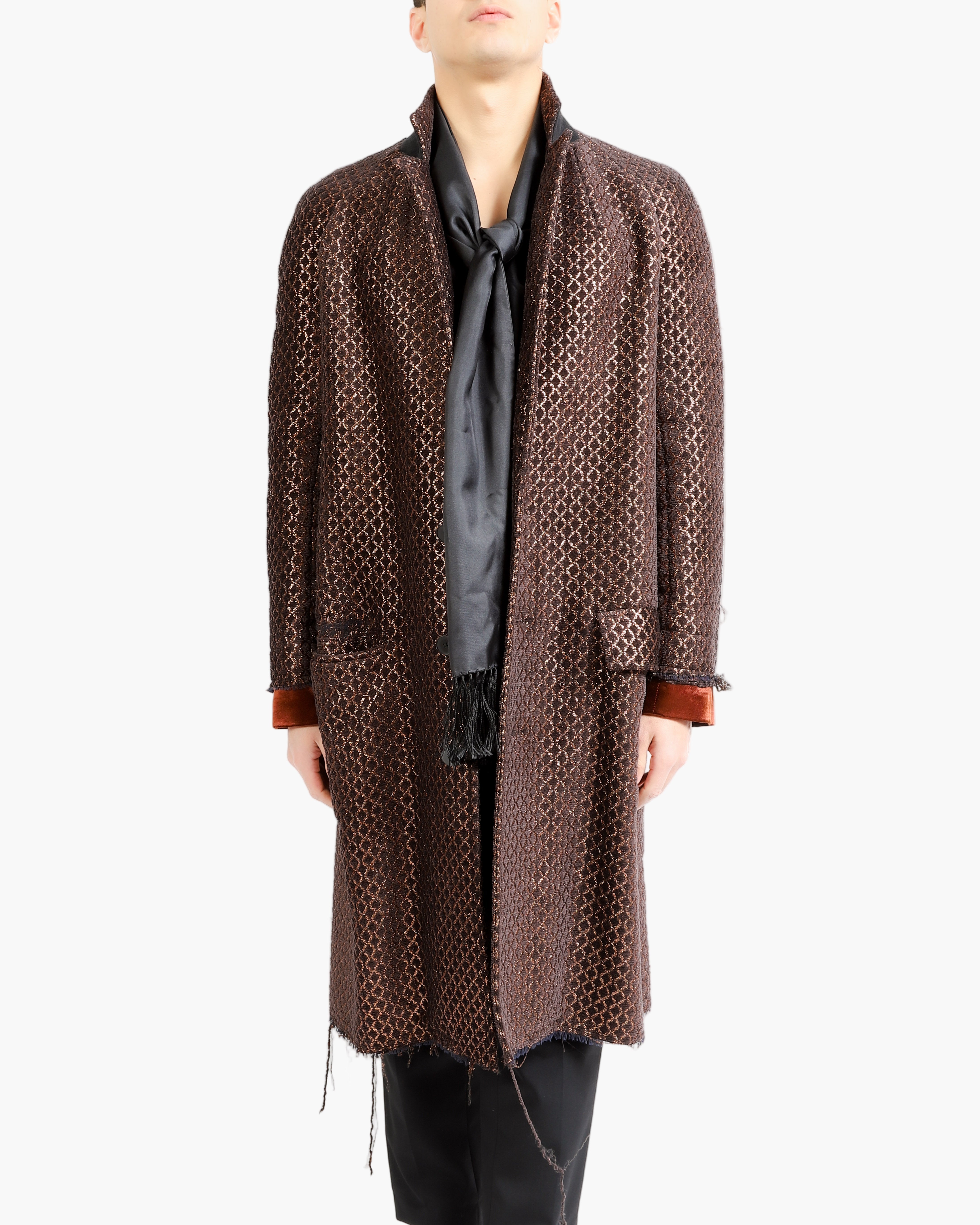 FW18 Distressed Raglan Coat in Orange/Black Jacquard