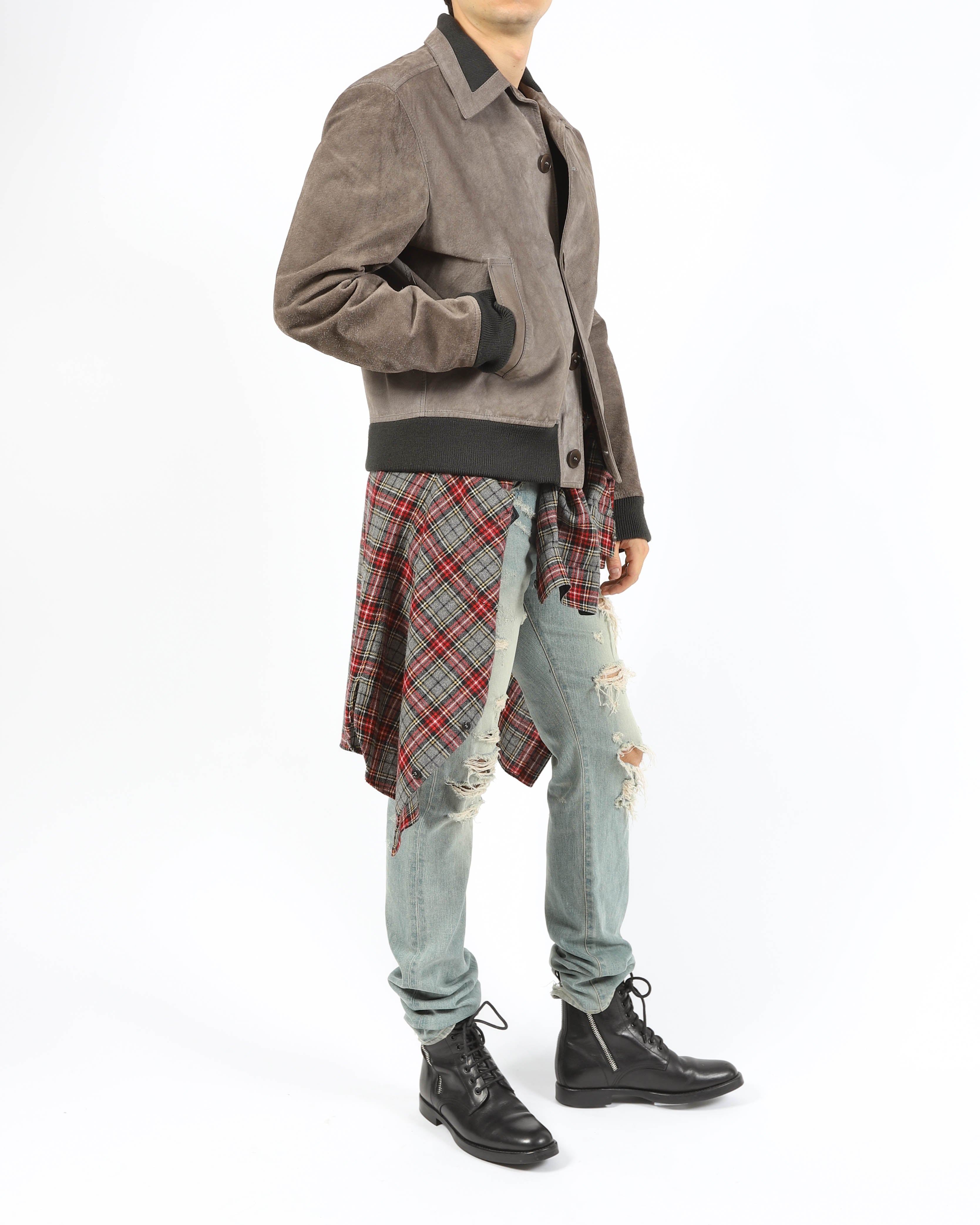 FW03 Contrast Collar Bomber in Grey Suede