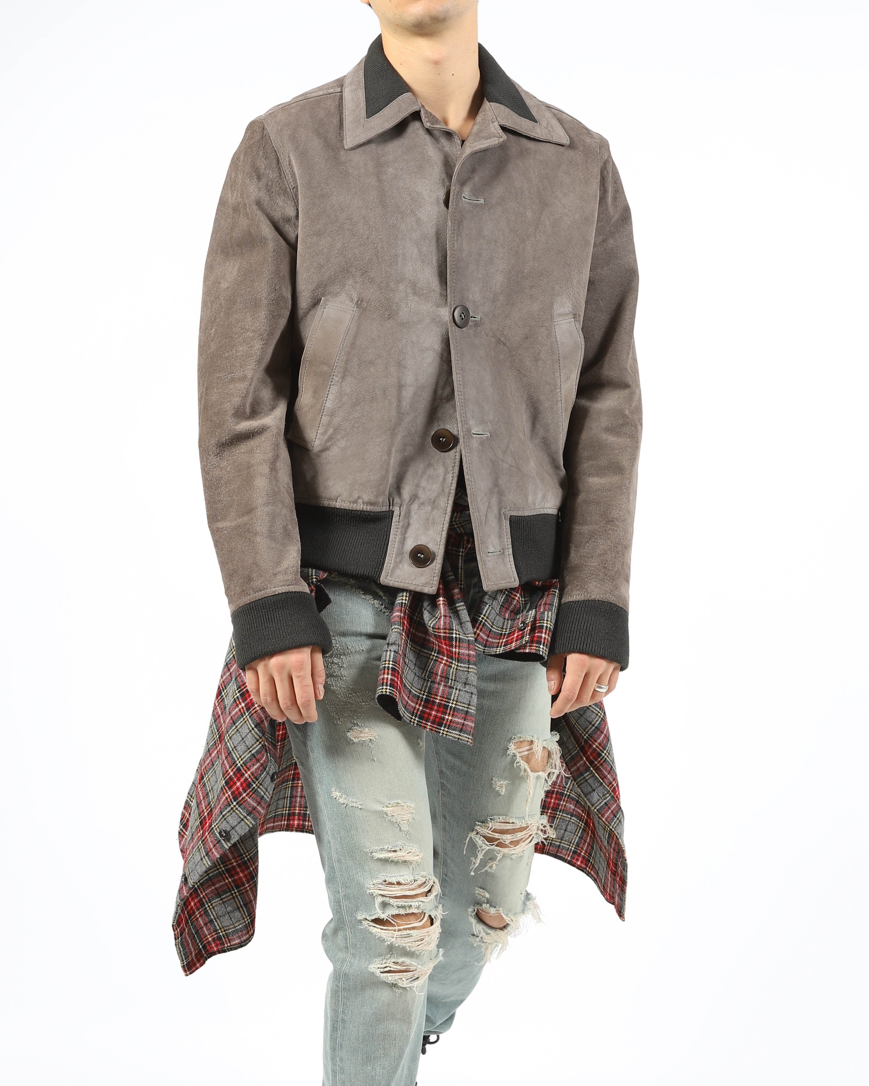 FW03 Contrast Collar Bomber in Grey Suede