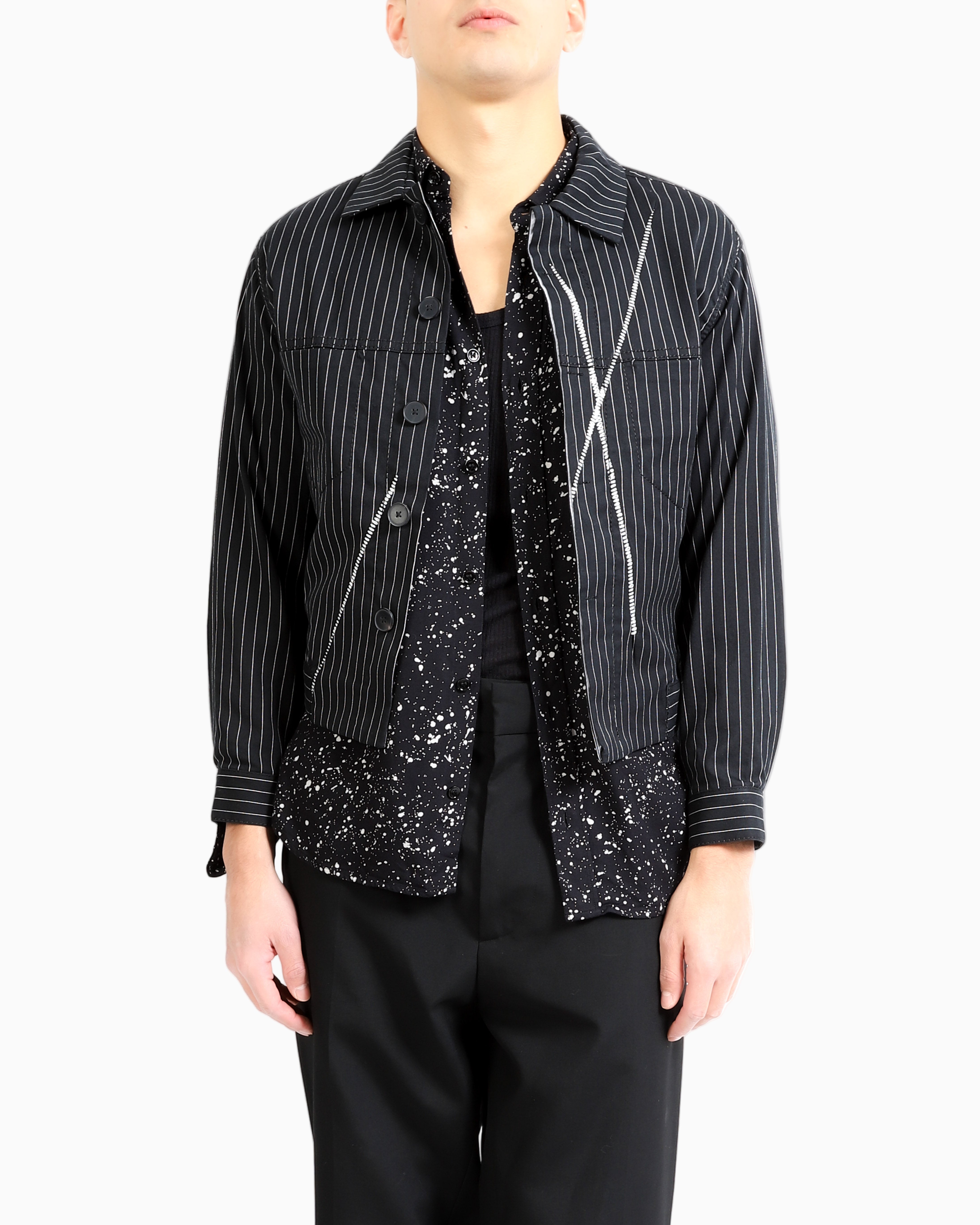 SS16 Embroidered Trucker Jacket in Pinstriped Cotton