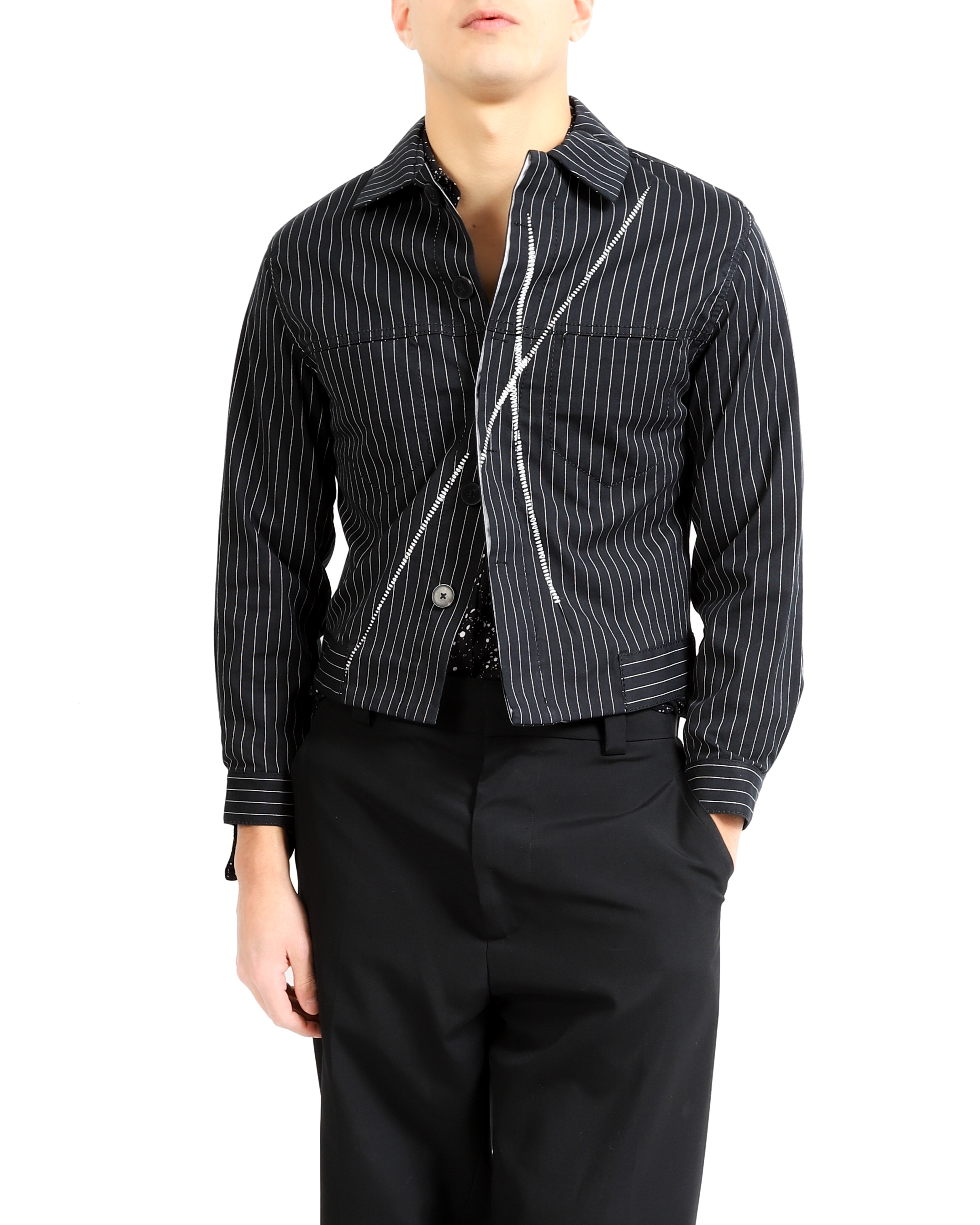 SS16 Embroidered Trucker Jacket in Pinstriped Cotton