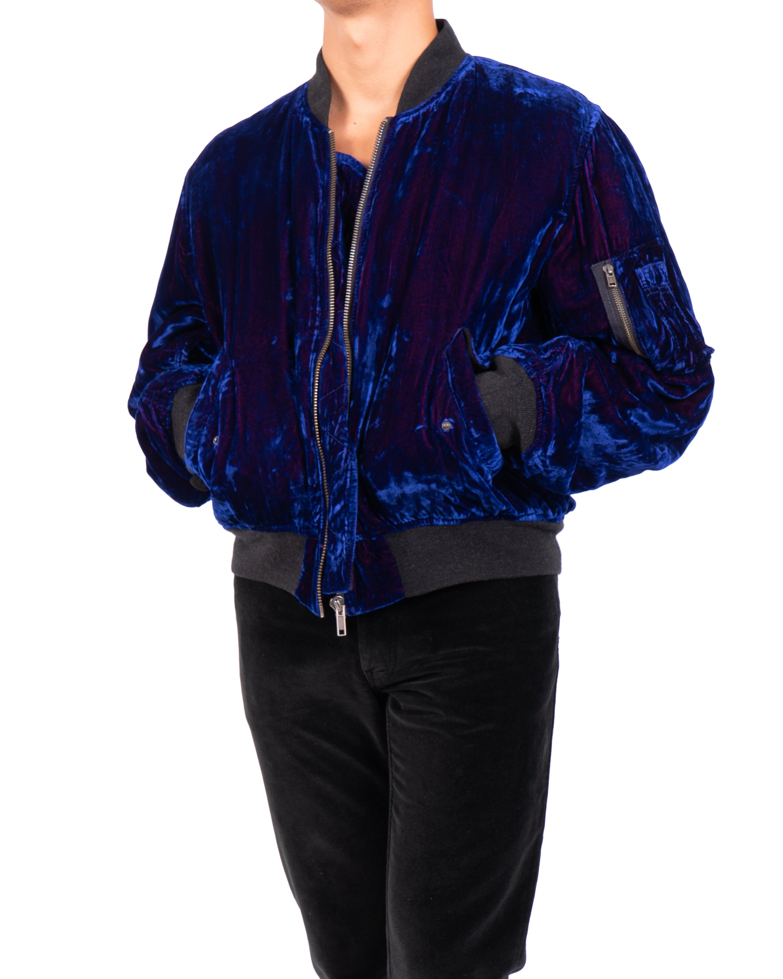 FW16 Oversized Padded Bomber in Blue Crushed Velvet