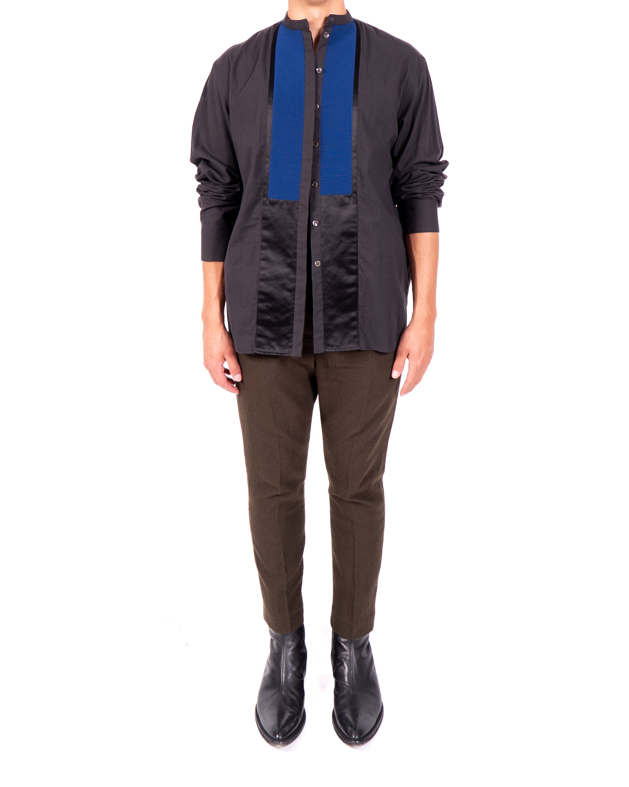 SS17 Black Mandarin Shirt with Crossgrain Detail
