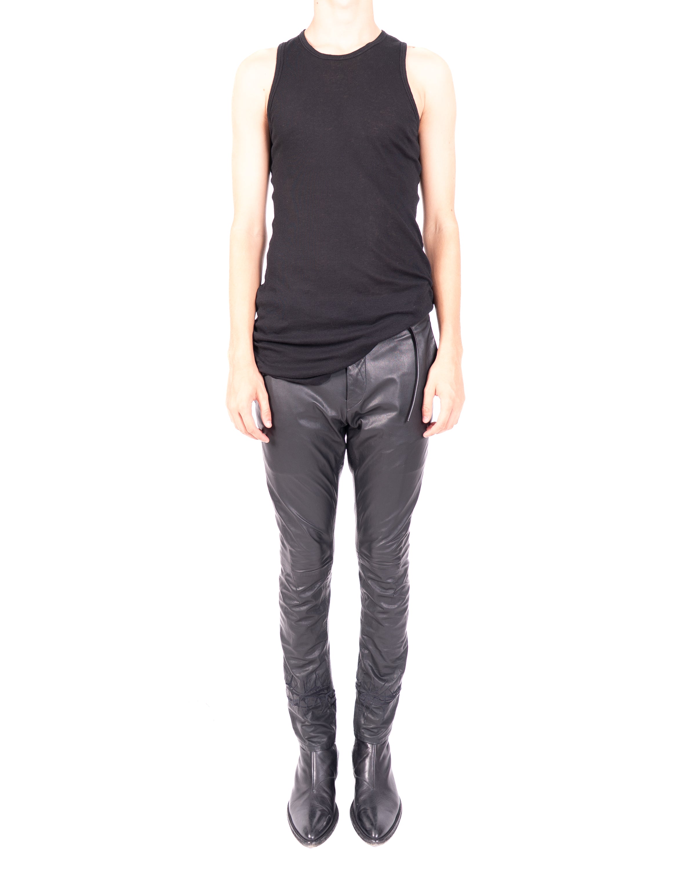 SS18 Hem Embroidered Trousers in Black Leather