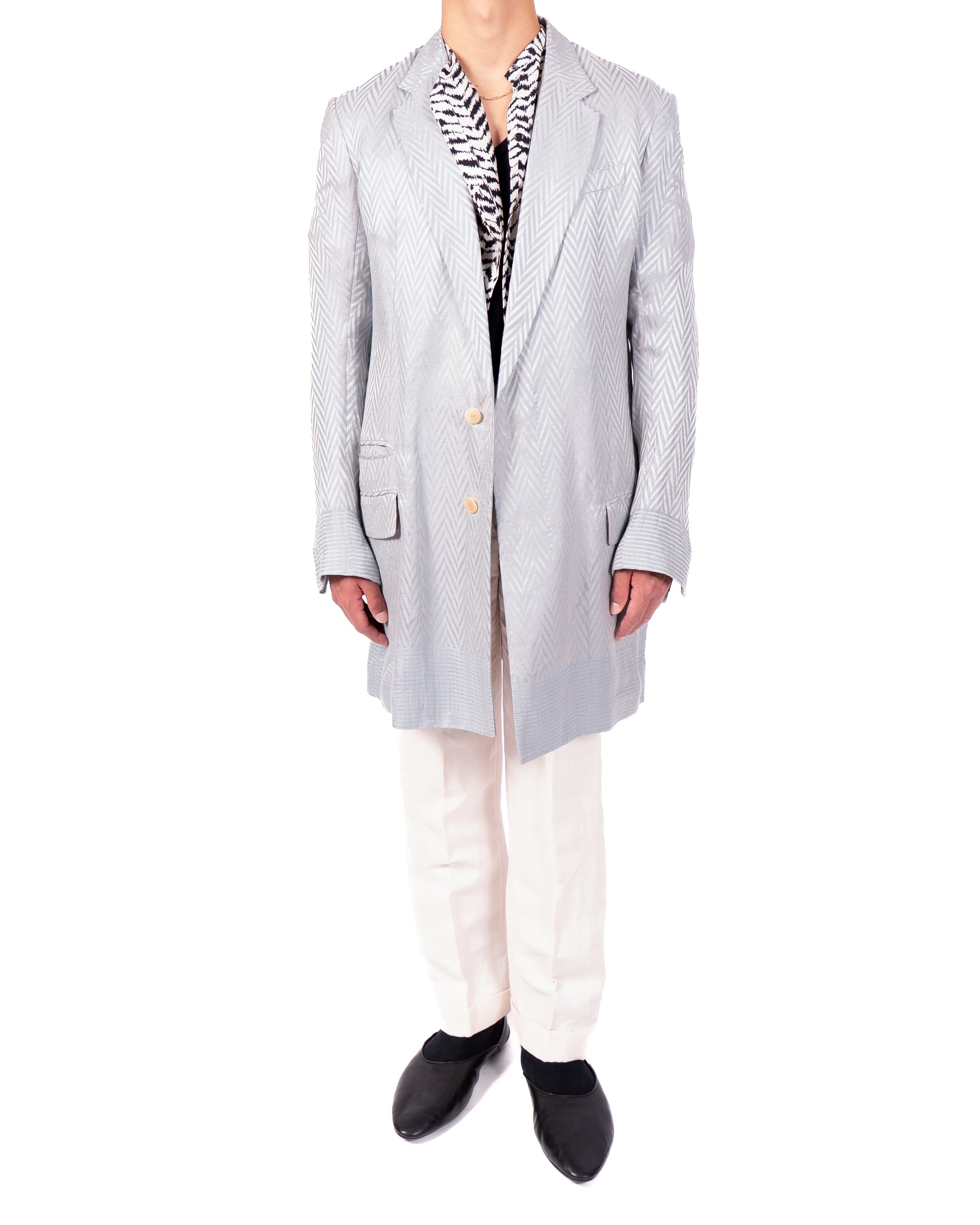 SS15 Classic Coat in Blue & Gold Chevron Silk Jacquard