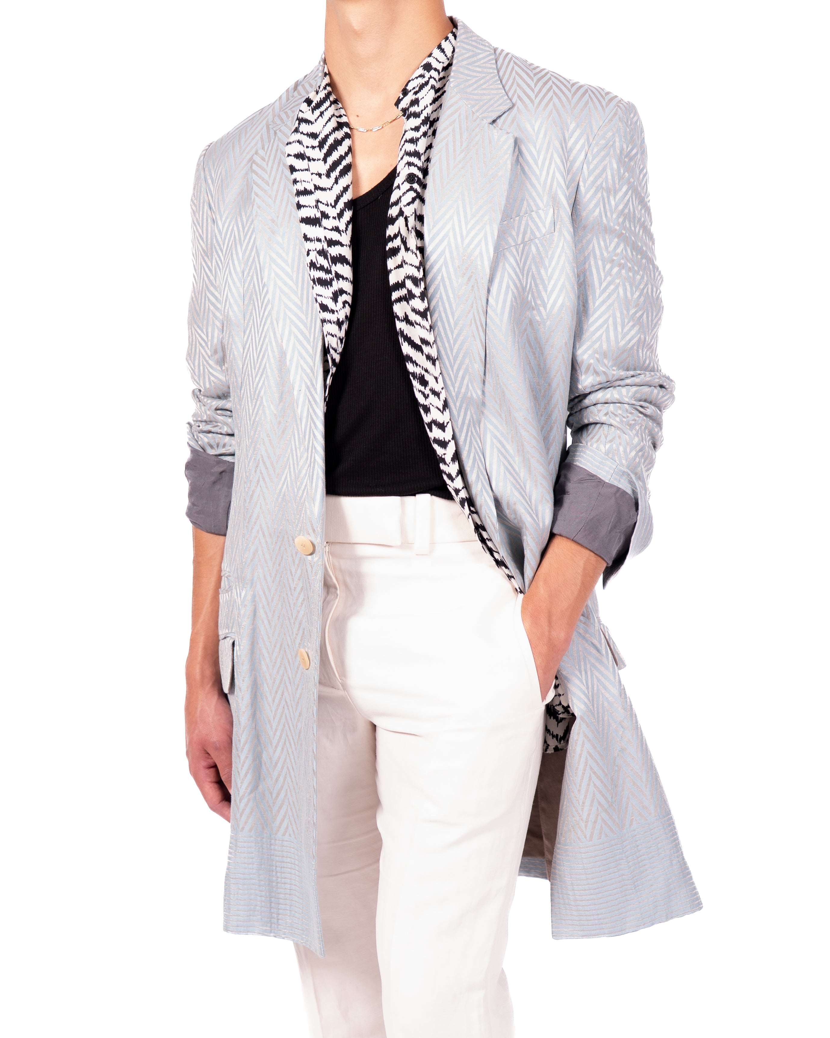 SS15 Classic Coat in Blue & Gold Chevron Silk Jacquard