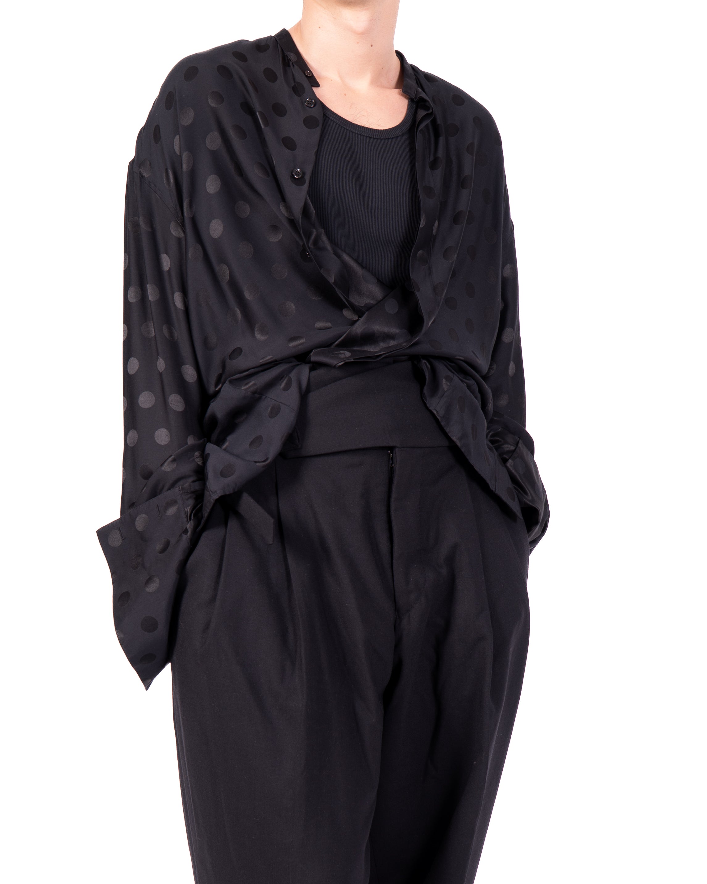 SS21 Oversized Mandarin Shirt in Black Polka Dot Silk