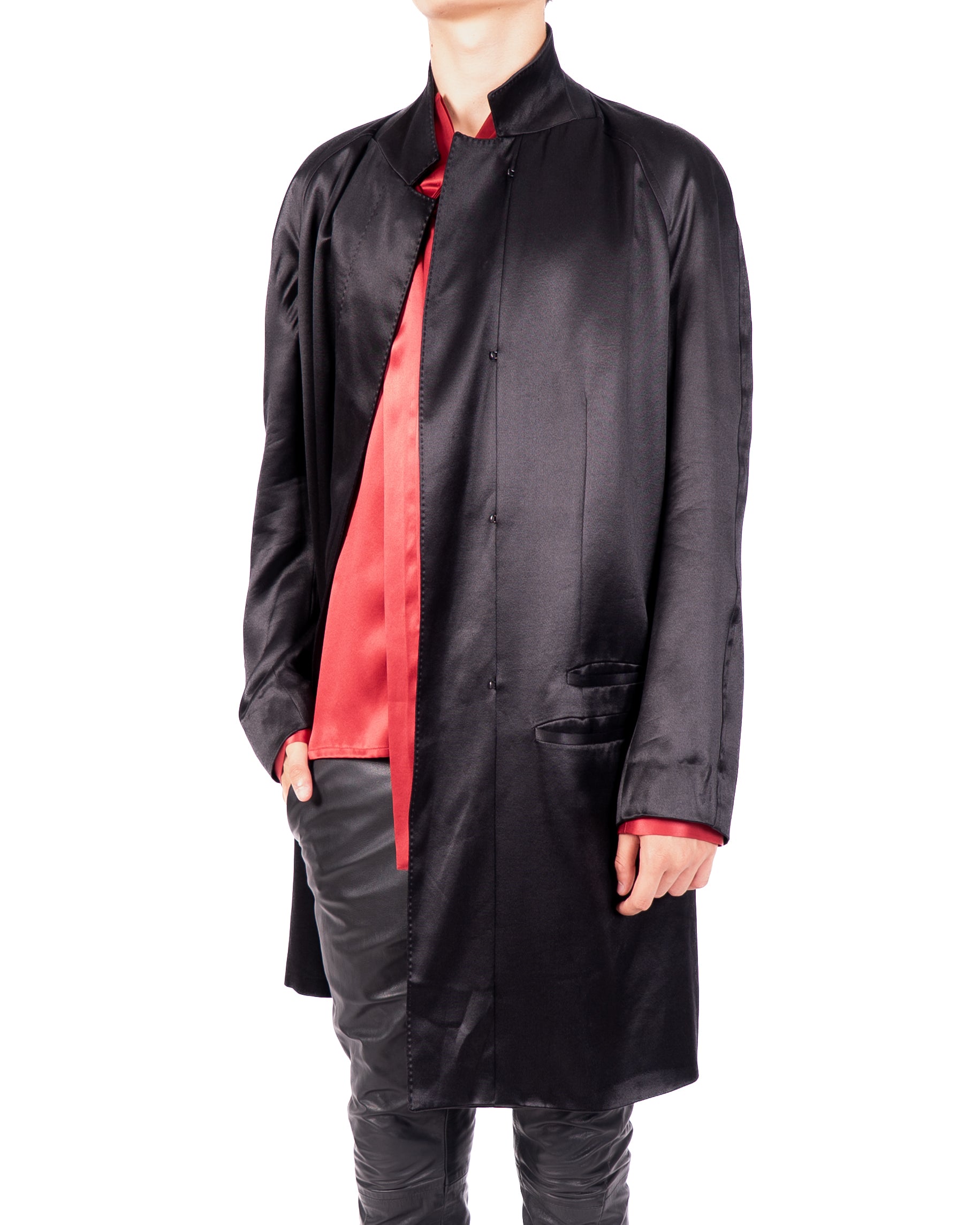 SS14 Raglan Coat in Black Silk Satin