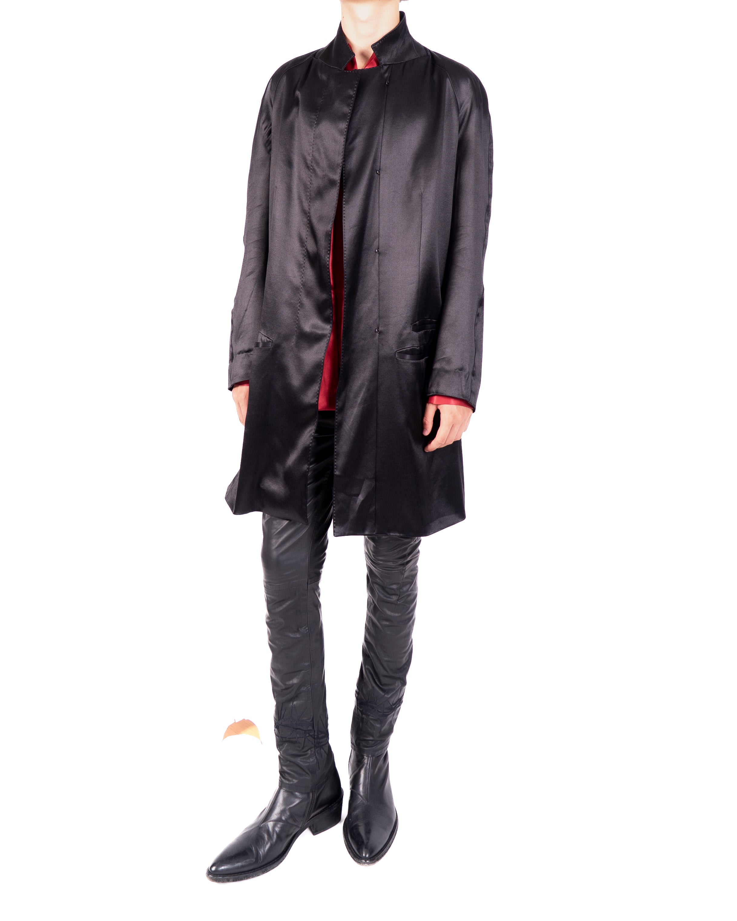 SS14 Raglan Coat in Black Silk Satin