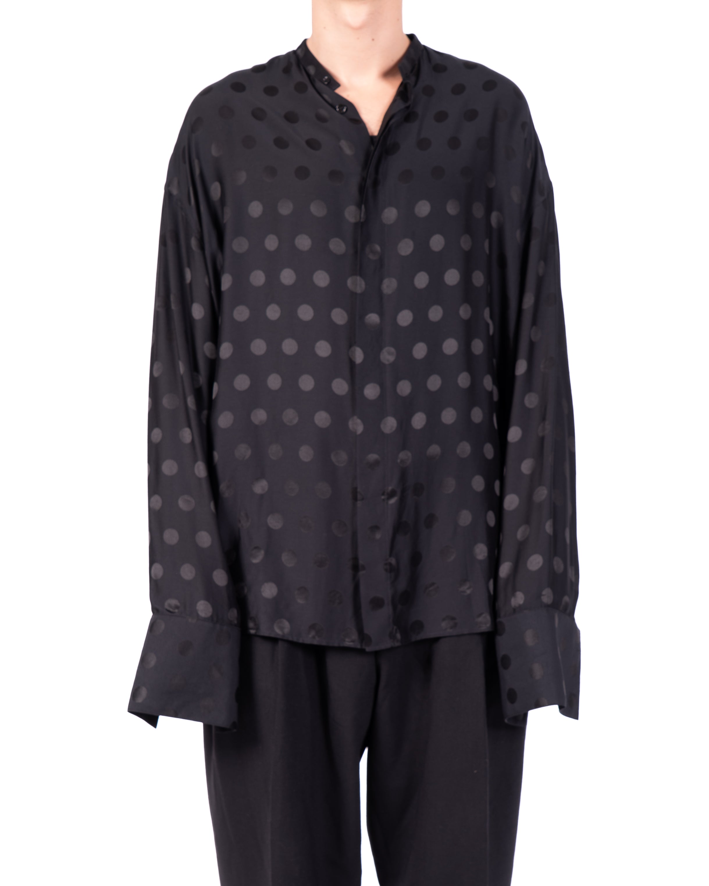 SS21 Oversized Mandarin Shirt in Black Polka Dot Silk