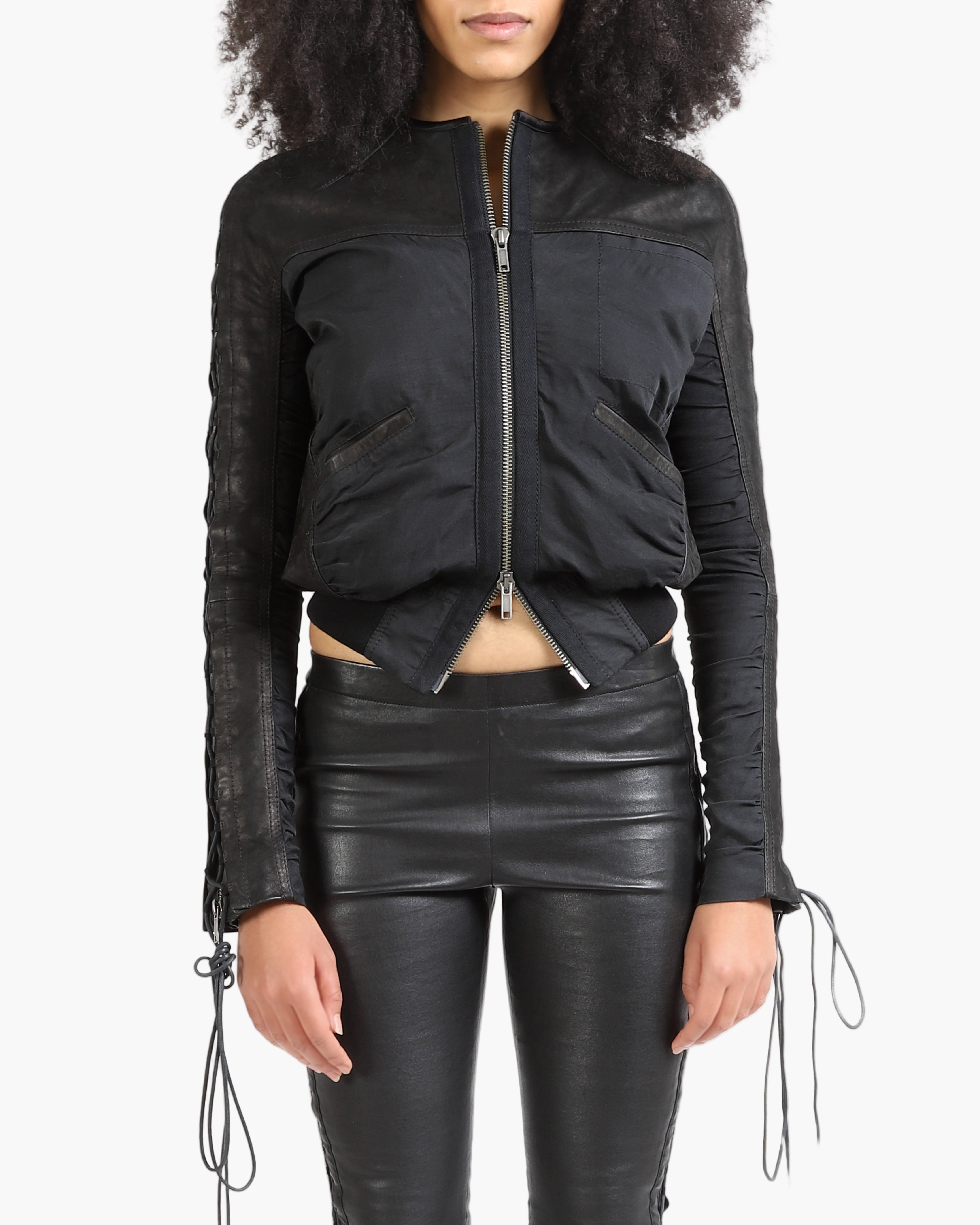 FW16 Two-Material Bomber Jacket with Lacing Detail in Black Leather