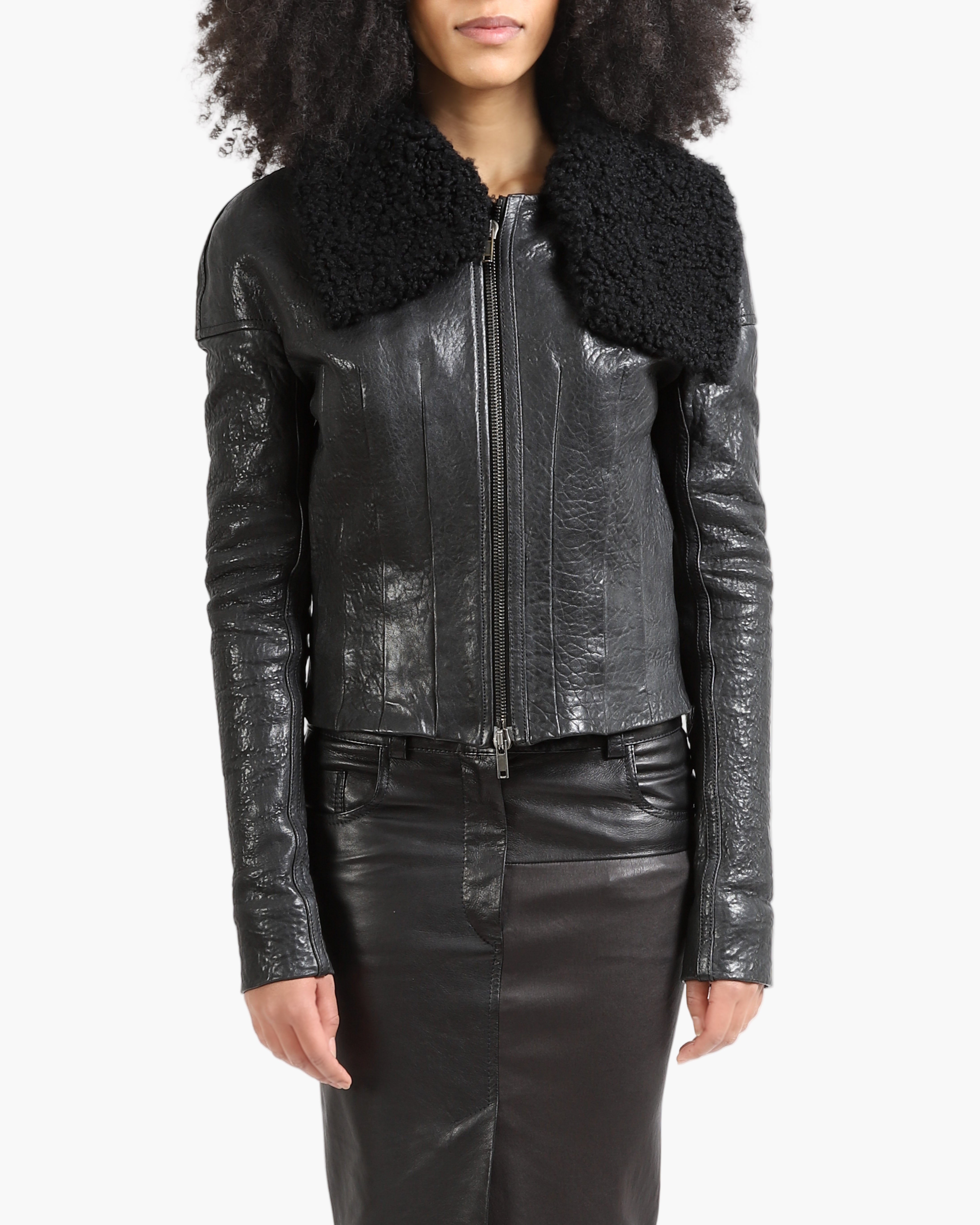 FW13 Tailored Waist Shearling Jacket in Black Leather