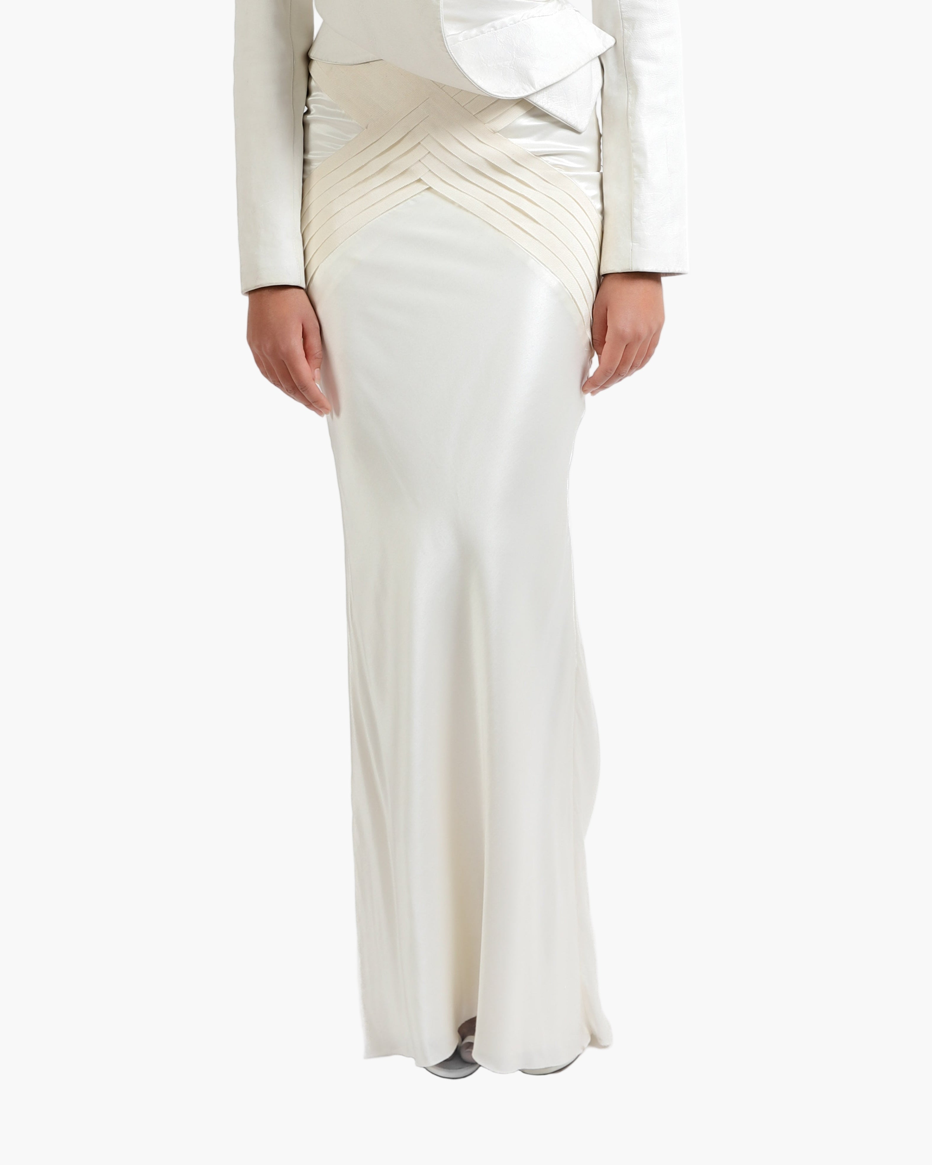 FW14 Low Waist Flared Skirt with Accent Bias Tapes in Ivory Silk