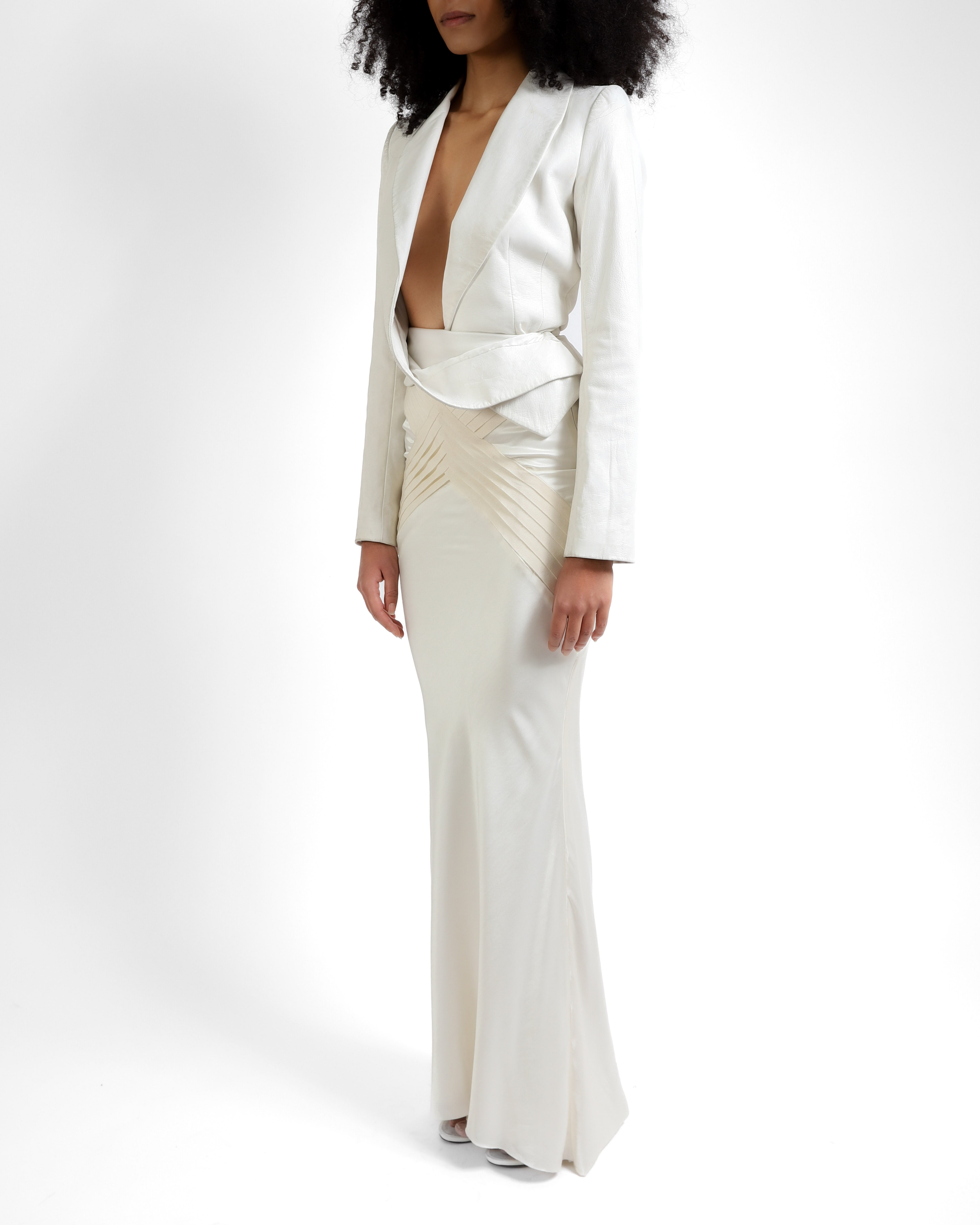 FW14 Low Waist Flared Skirt with Accent Bias Tapes in Ivory Silk