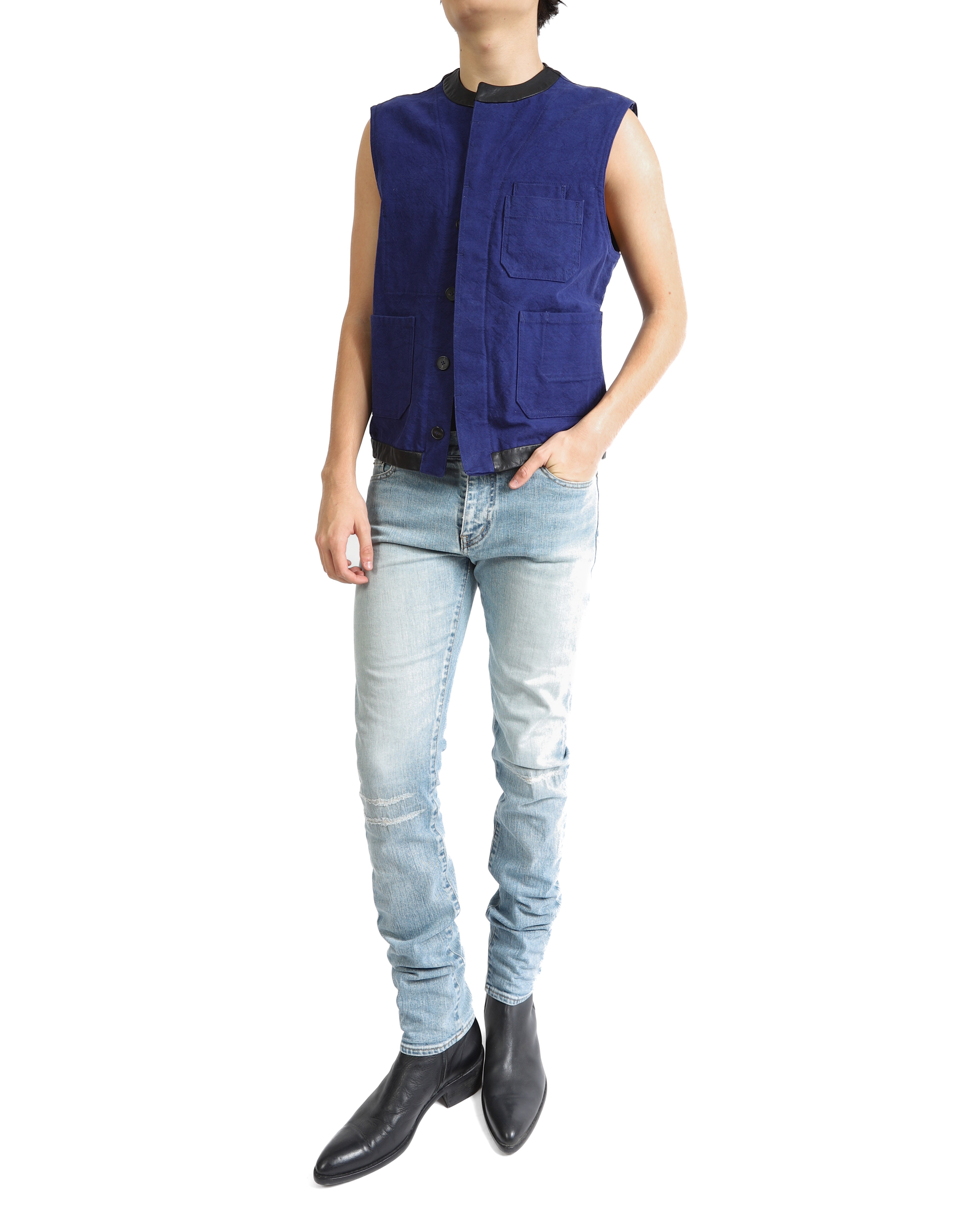FW19 Blue Workwear Waistcoat in Blue Denim & Leather
