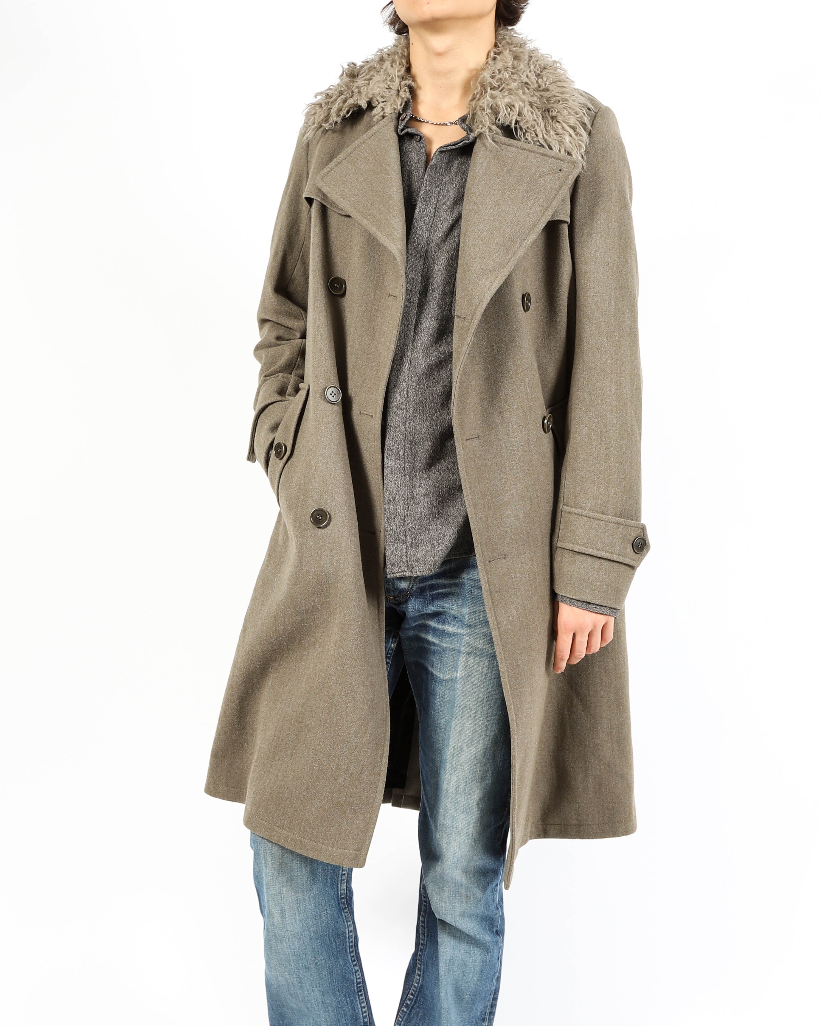 FW16 Faux Fur Collar Double Breasted Long Coat in Grey Wool