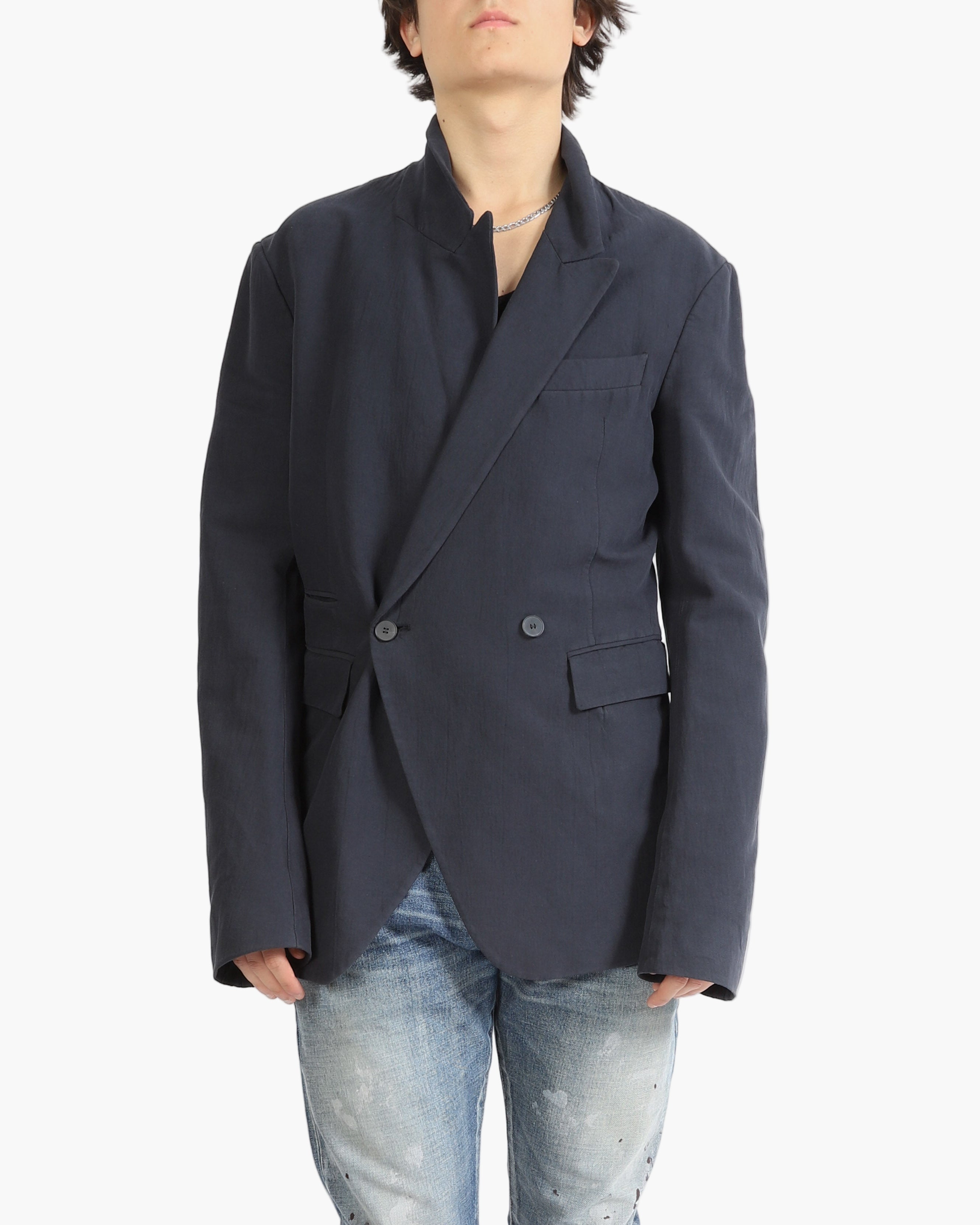 SS17 Double Breasted Blazer in Blue Cotton & Linen