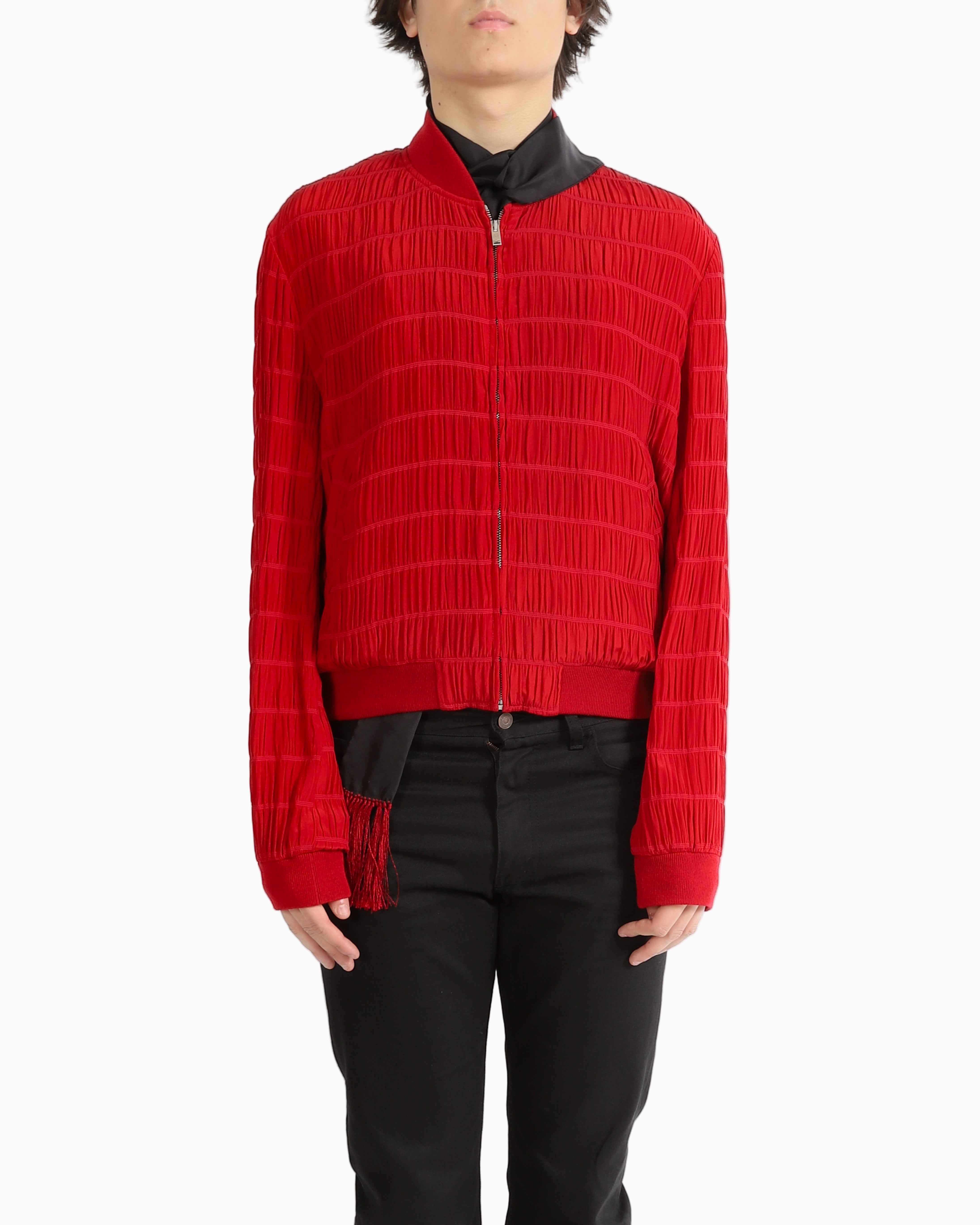 SS22 Pleated Bomber Jacket in Red Silk